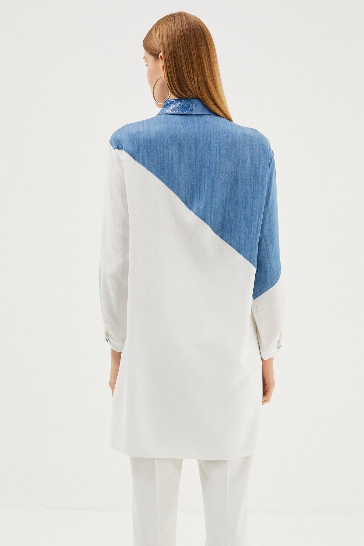 Payet Detaylı Ekru/Mavi Tunik