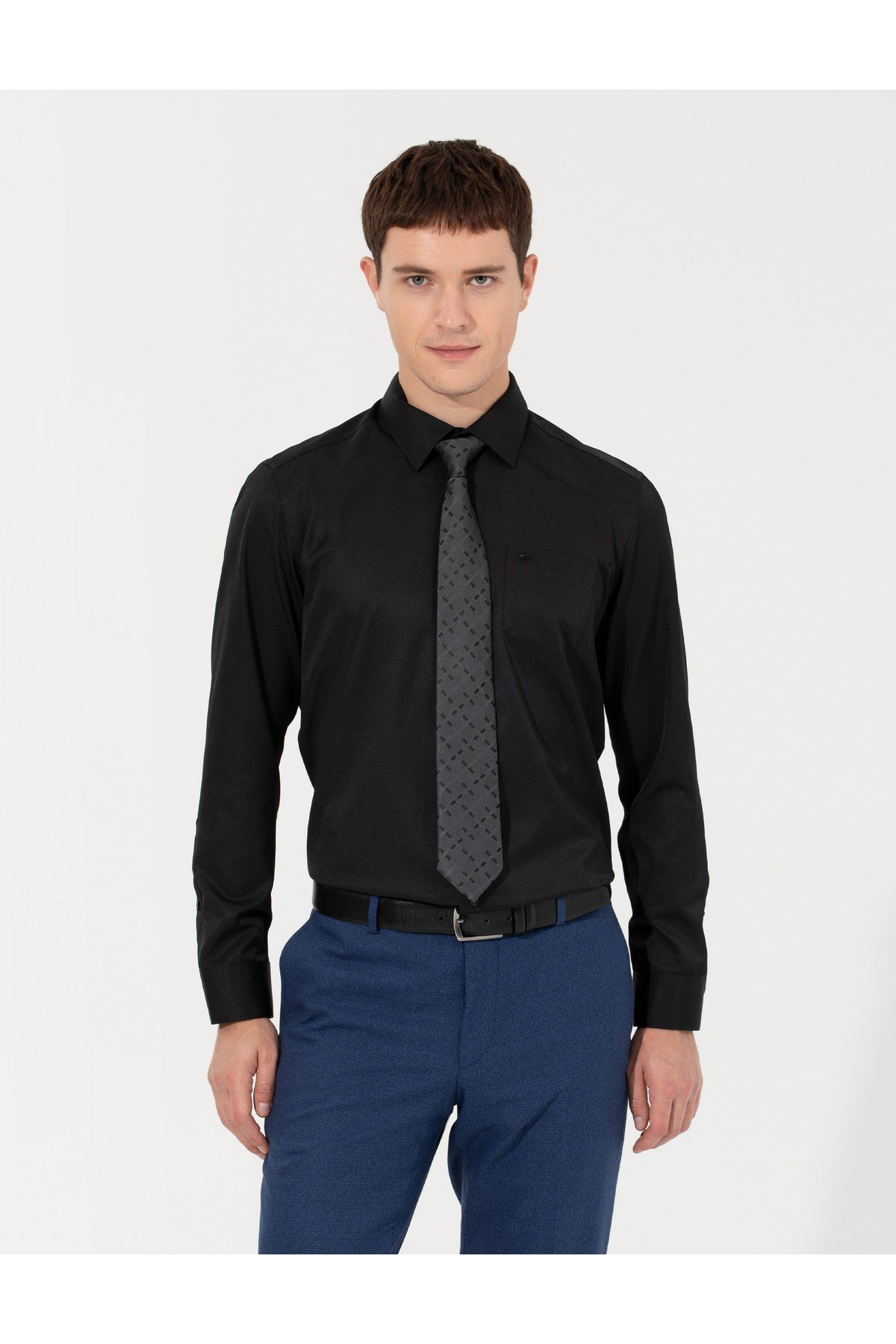 Siyah Regular Fit Uzun Kollu Basic Gömlek 1408877