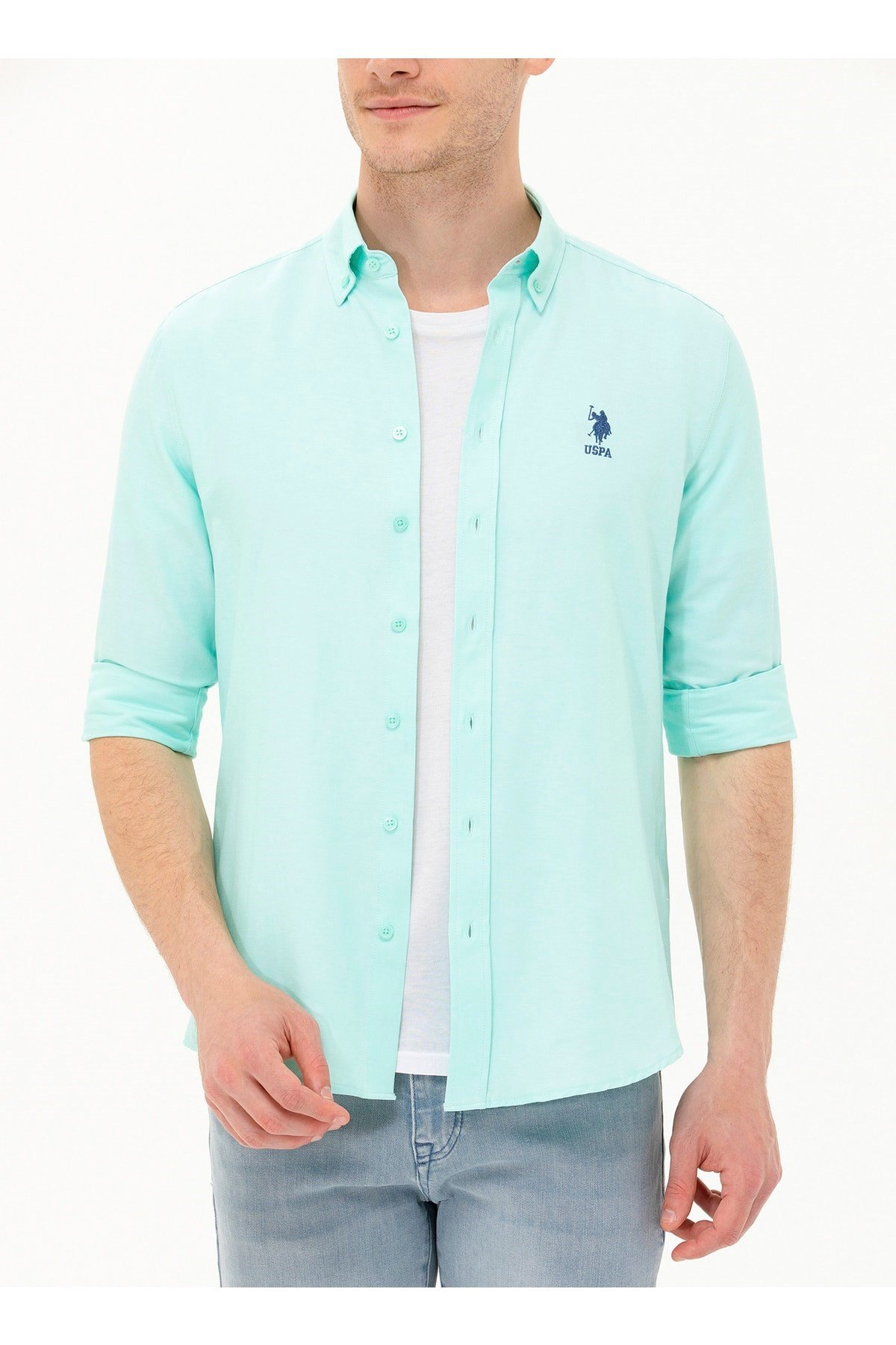 Slim Fit Düğmeli Yaka Yeşil Erkek Gömlek Gox023y