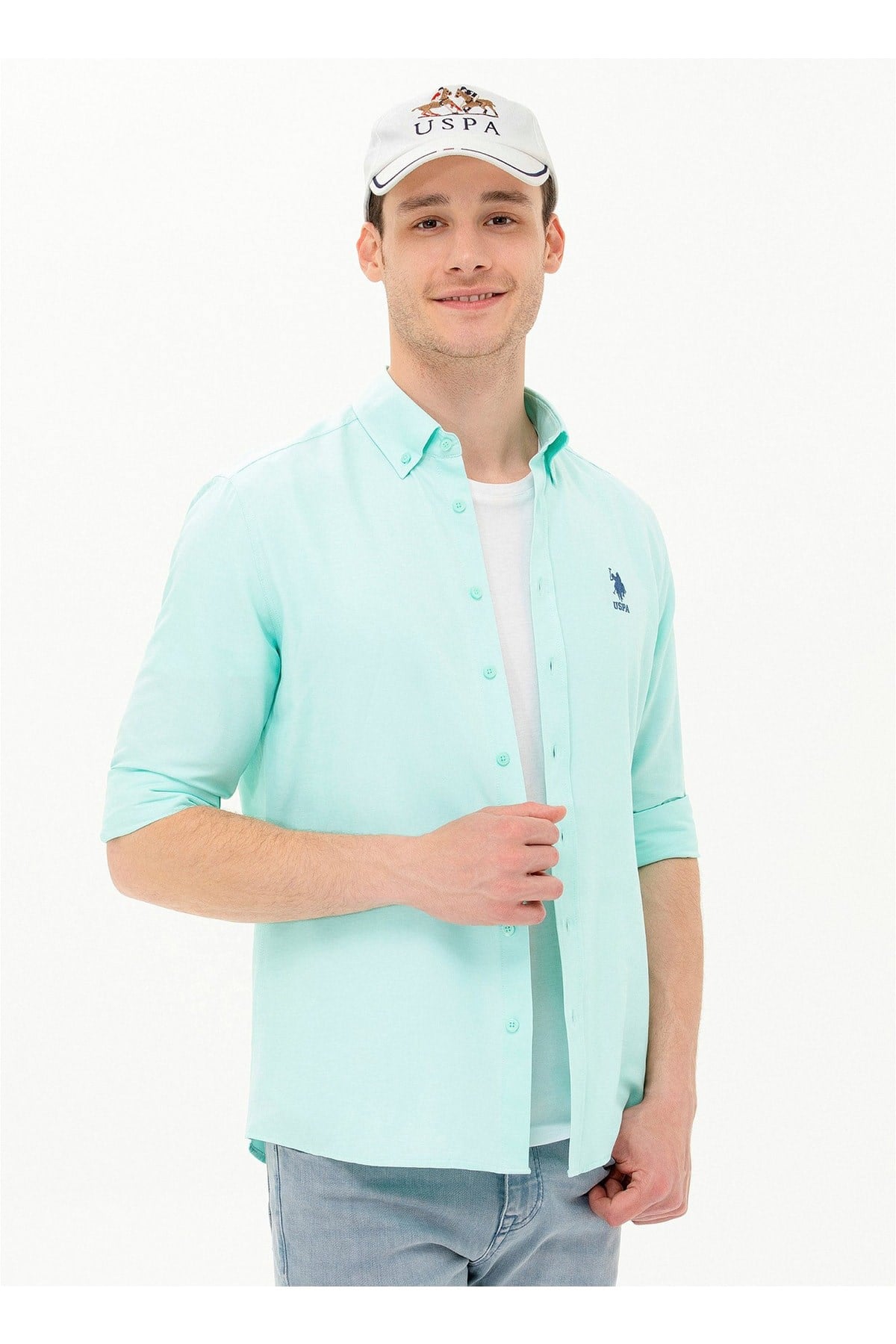 Slim Fit Düğmeli Yaka Yeşil Erkek Gömlek Gox023y
