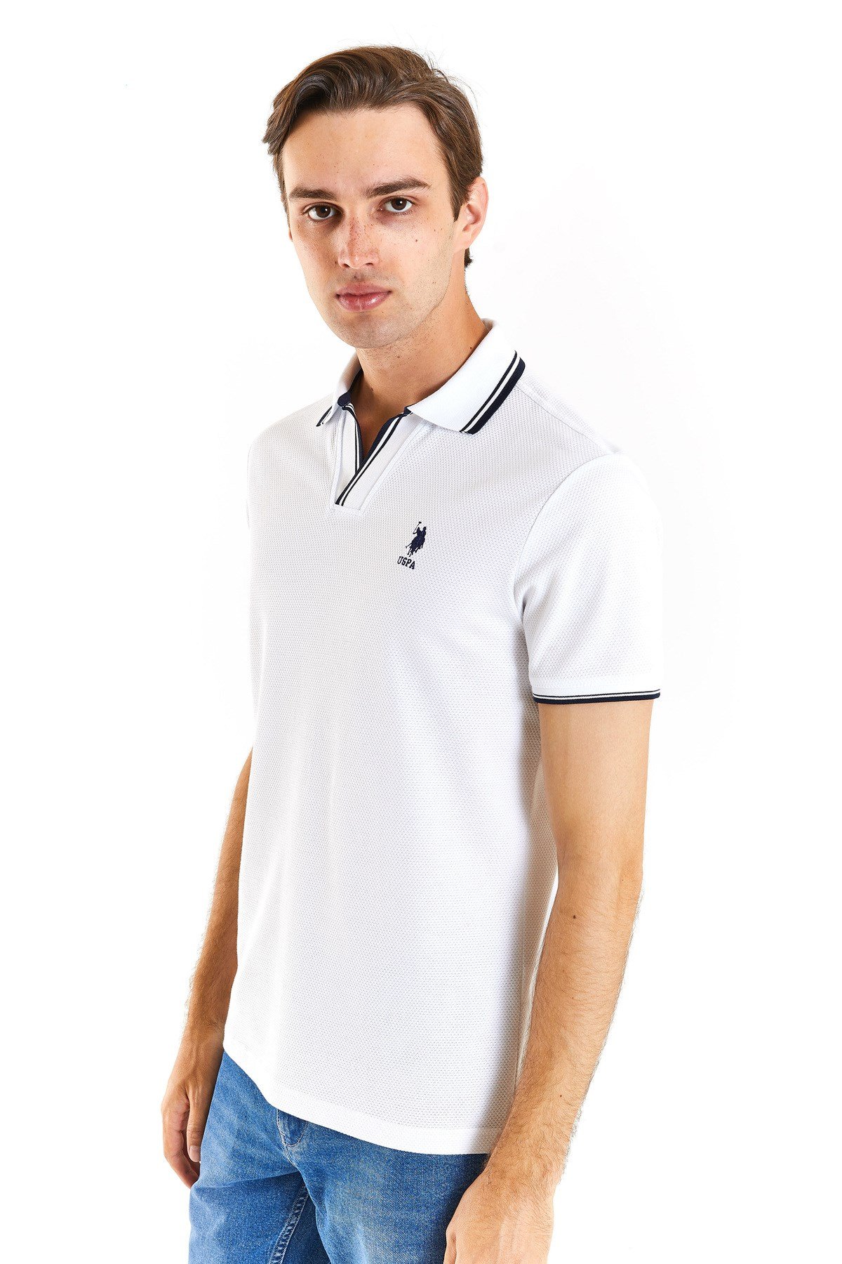 U.S POLO ASSN. ERKEK DOKUMA KUMAŞ POLO YAKA T-SHİRT- BEYAZ