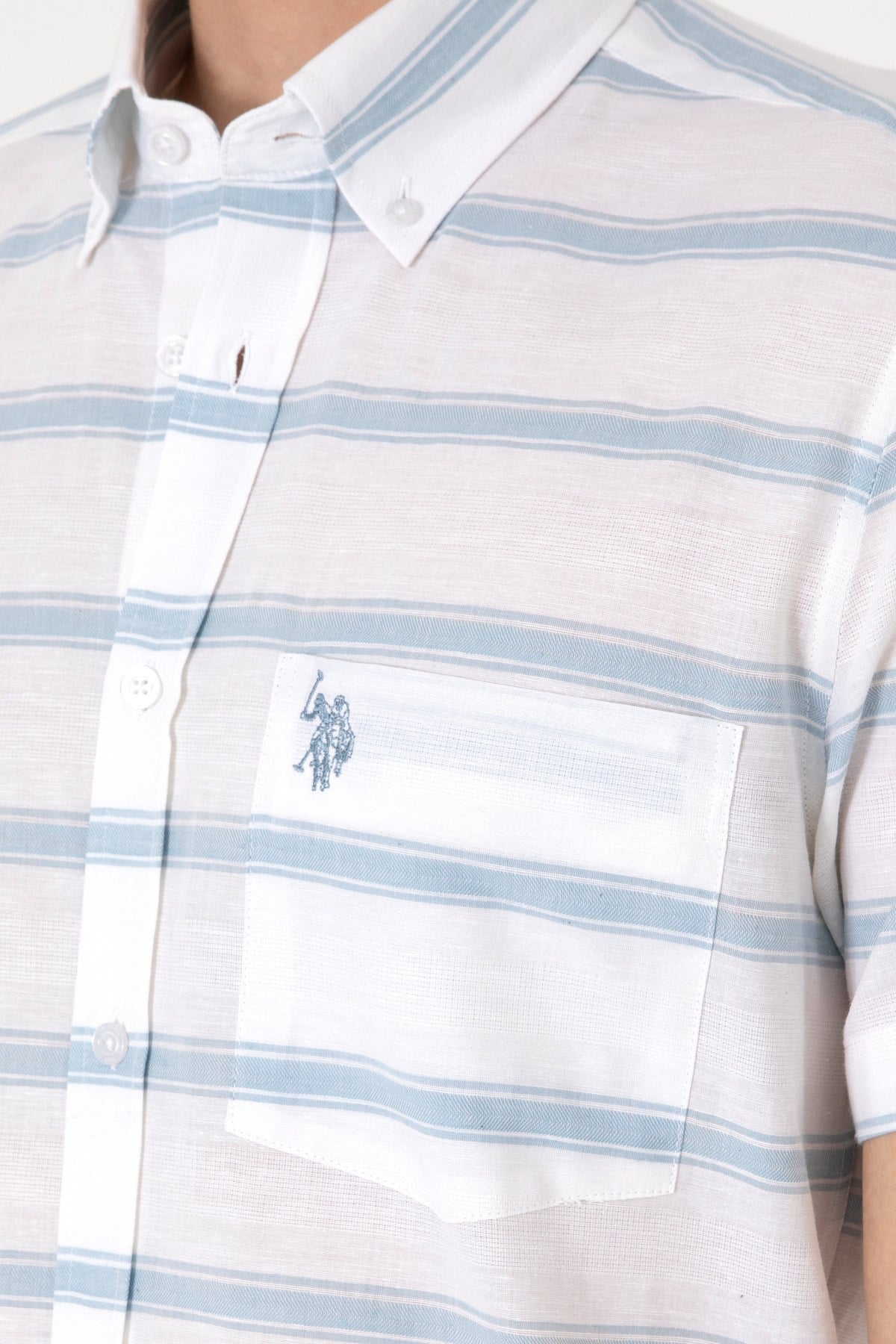 U.s. Polo Assn. Erkek Mavi Kısa Kollu Regular Keten Karışımlı Gömlek 2106624