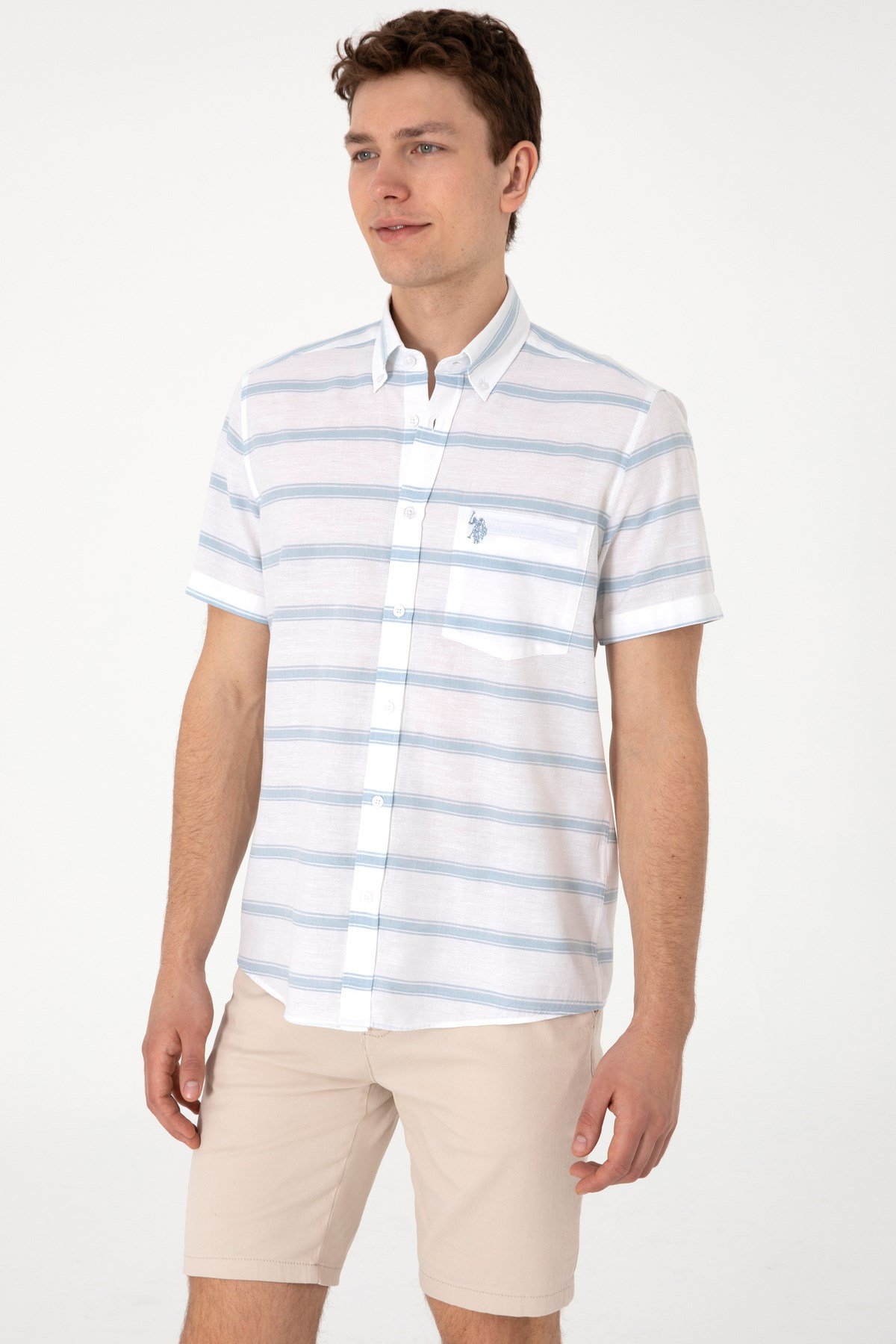 U.s. Polo Assn. Erkek Mavi Kısa Kollu Regular Keten Karışımlı Gömlek 2106624