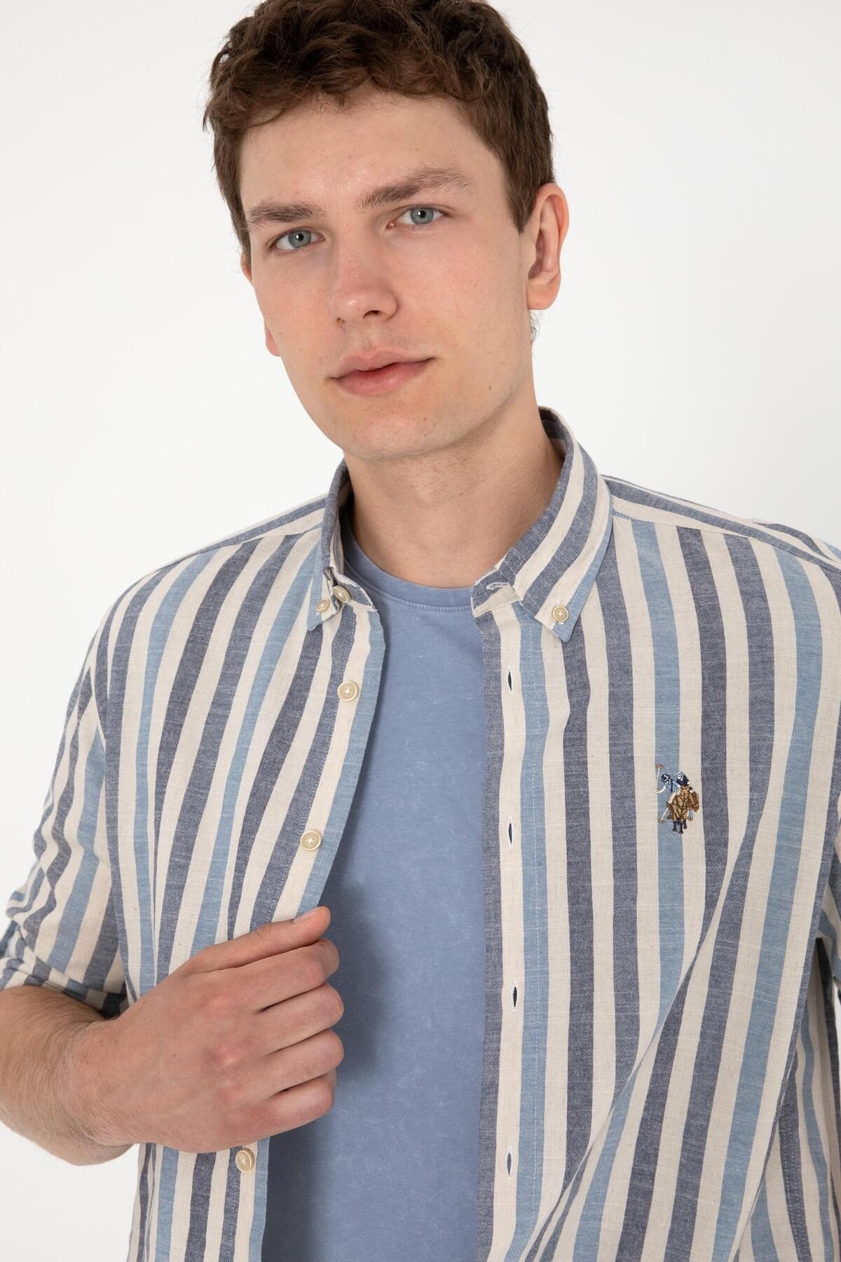 U.s. Polo Assn. Erkek İndigo Uzun Kollu Regular Keten Karışımlı Gömlek 2103061