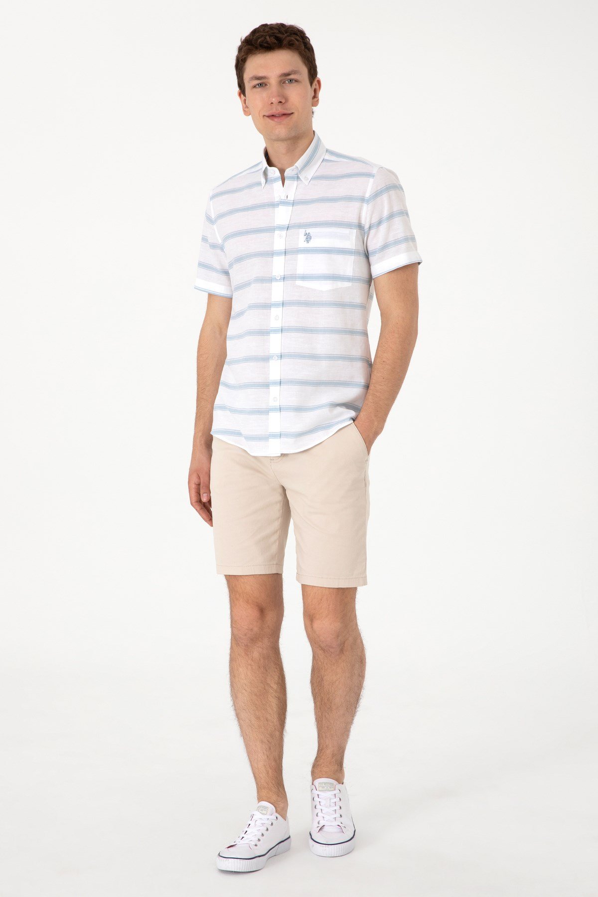 U.s. Polo Assn. Erkek Mavi Kısa Kollu Regular Keten Karışımlı Gömlek 2106624