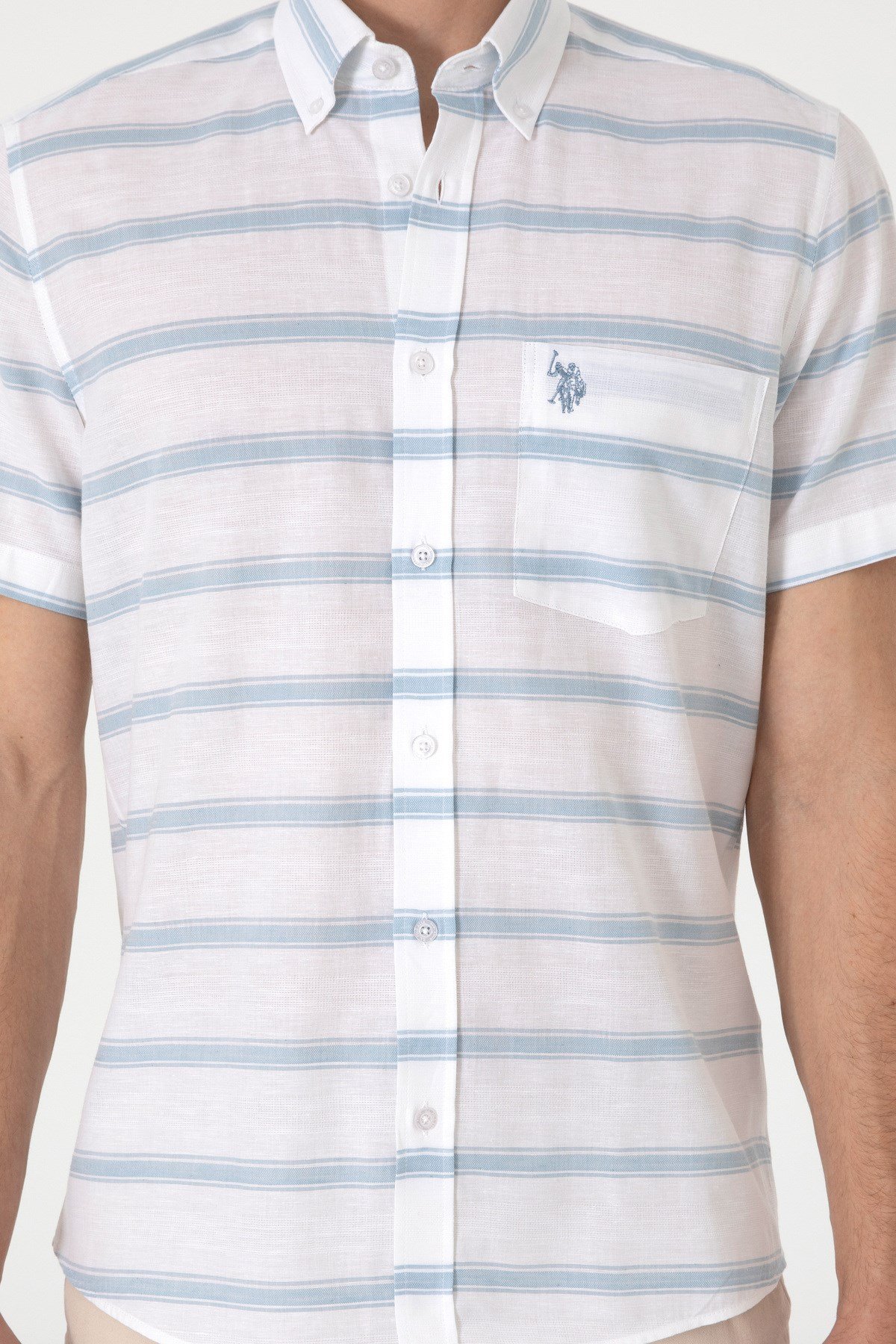 U.s. Polo Assn. Erkek Mavi Kısa Kollu Regular Keten Karışımlı Gömlek 2106624