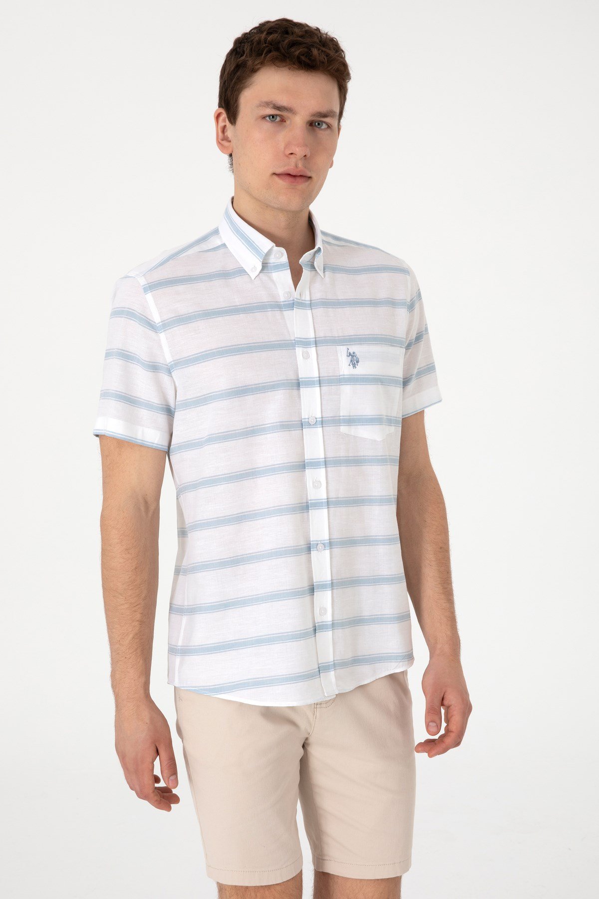 U.s. Polo Assn. Erkek Mavi Kısa Kollu Regular Keten Karışımlı Gömlek 2106624