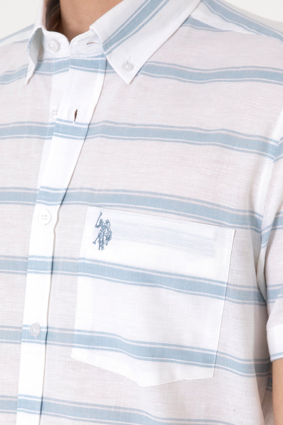 U.s. Polo Assn. Erkek Mavi Kısa Kollu Regular Keten Karışımlı Gömlek 2106624