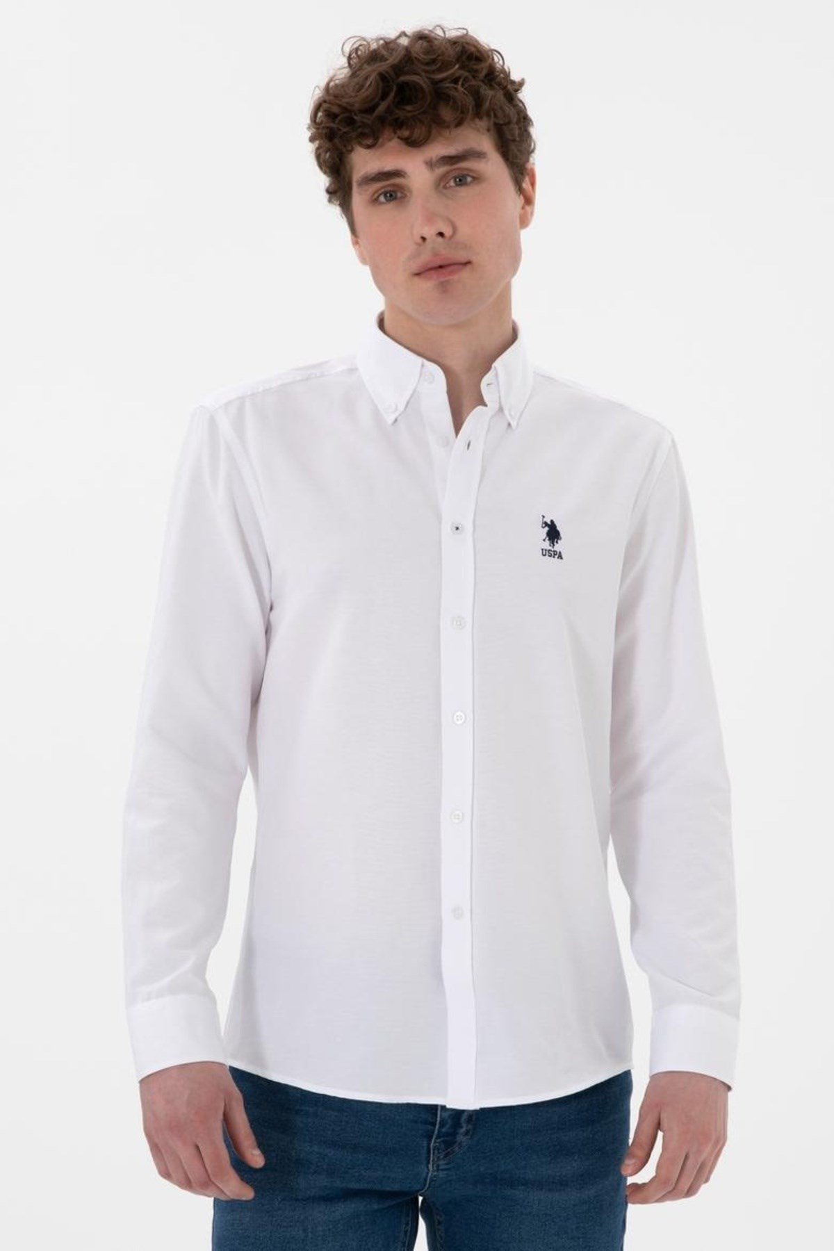 U.S. POLO ASSN. DOKUMA KUMAŞ PAMUKLU REGULAR  BEYAZ GÖMLEK