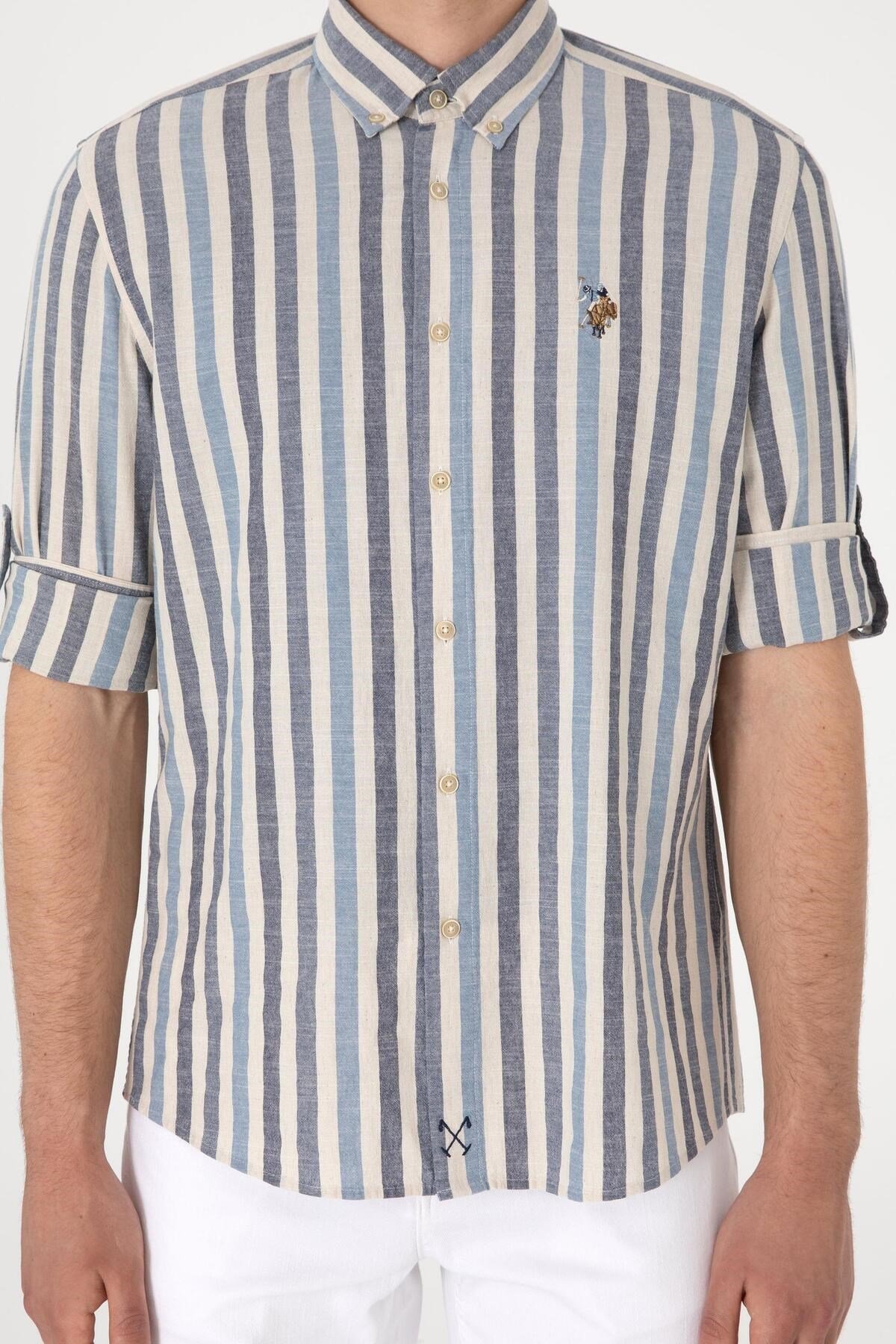 U.s. Polo Assn. Erkek İndigo Uzun Kollu Regular Keten Karışımlı Gömlek 2103061