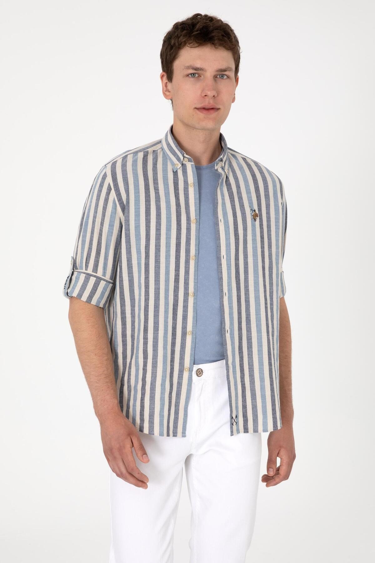 U.s. Polo Assn. Erkek İndigo Uzun Kollu Regular Keten Karışımlı Gömlek 2103061