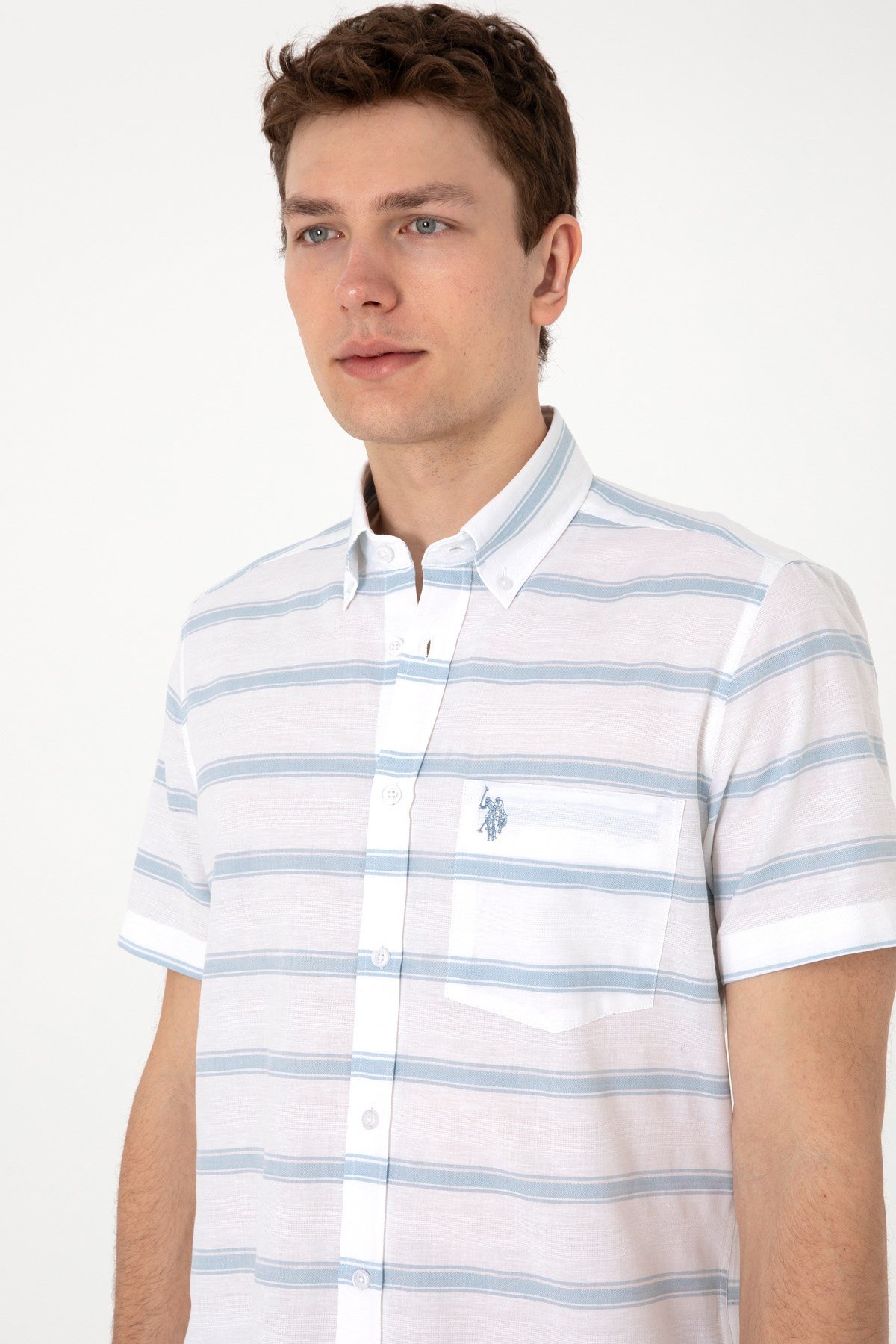 U.s. Polo Assn. Erkek Mavi Kısa Kollu Regular Keten Karışımlı Gömlek 2106624
