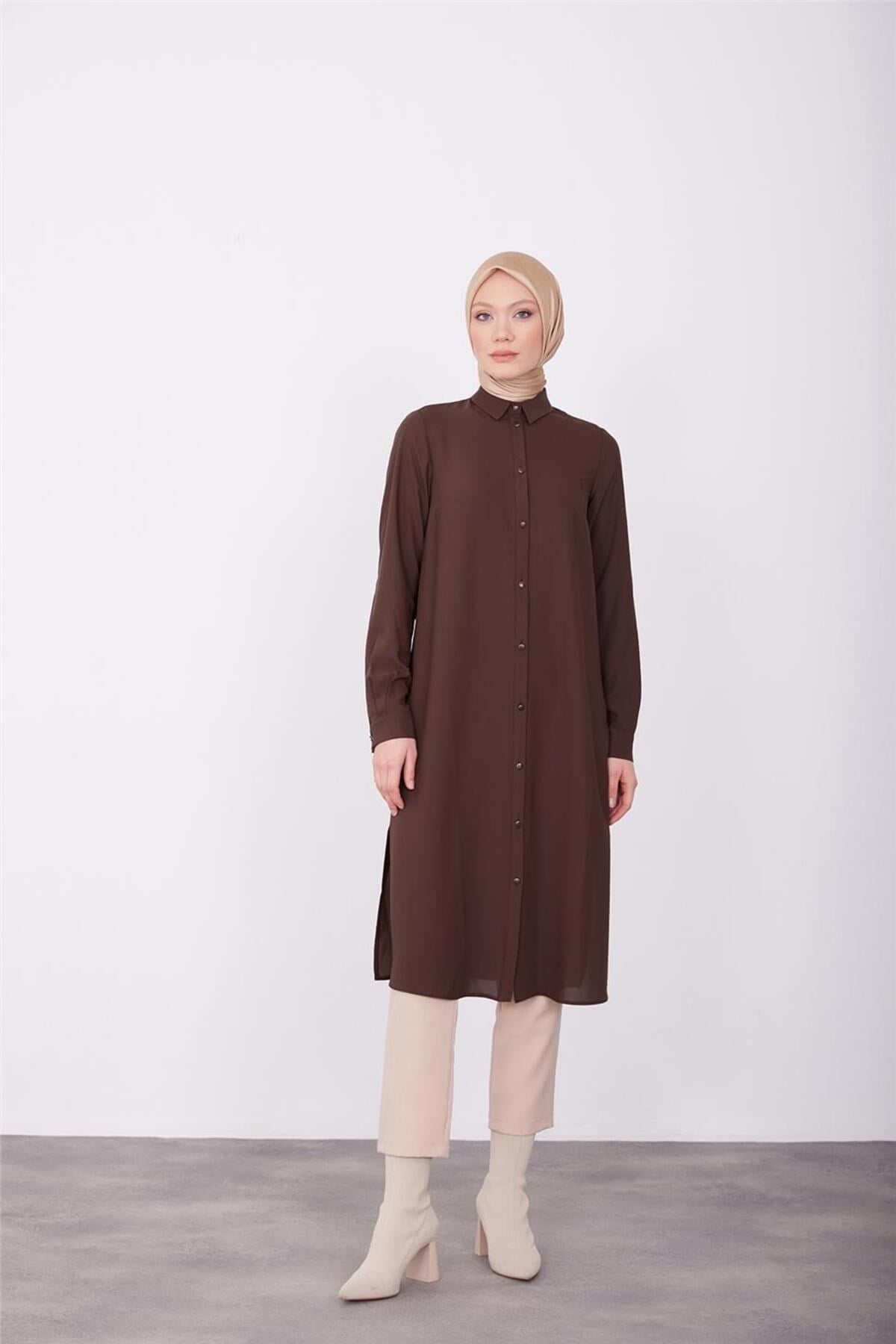 Uzun Kollu Logolu Tunik 23kh411 Acı Kahve