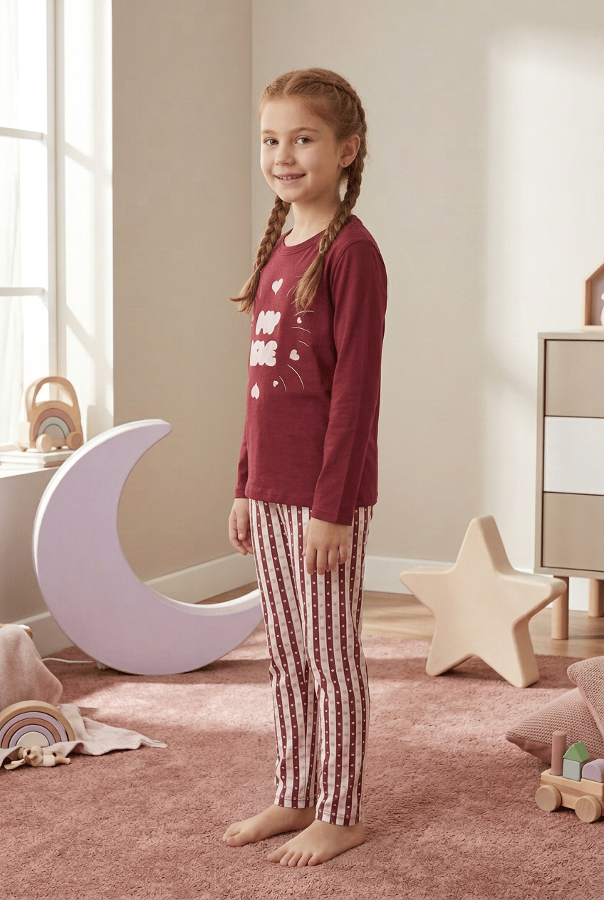 Kız Çocuk Pijama Takımı My Love Baskılı Kalp Desenli Yumuşak Dokulu 2 İplik Kumaş