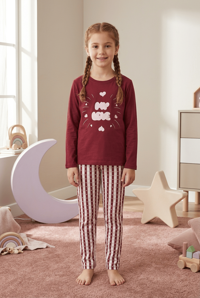 Kız Çocuk Pijama Takımı My Love Baskılı Kalp Desenli Yumuşak Dokulu 2 İplik Kumaş