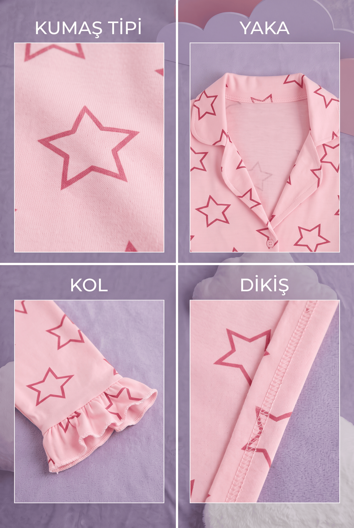 Kız Çocuk Pijama Takımı Yıldız Baskılı Düğmeli Gömlek Yaka Yumuşak Dokulu 2 İplik Kumaş