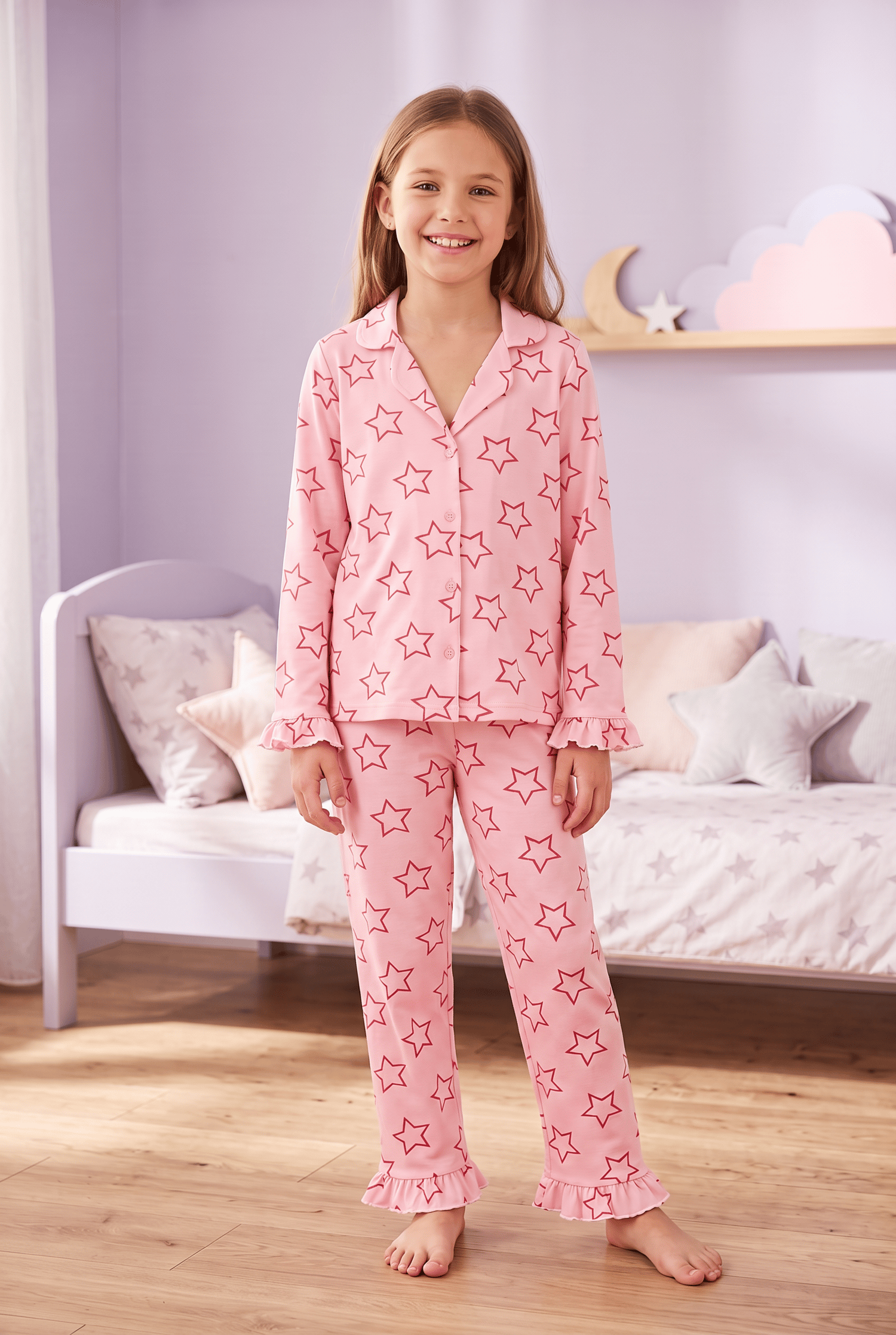 Kız Çocuk Pijama Takımı Yıldız Baskılı Düğmeli Gömlek Yaka Yumuşak Dokulu 2 İplik Kumaş