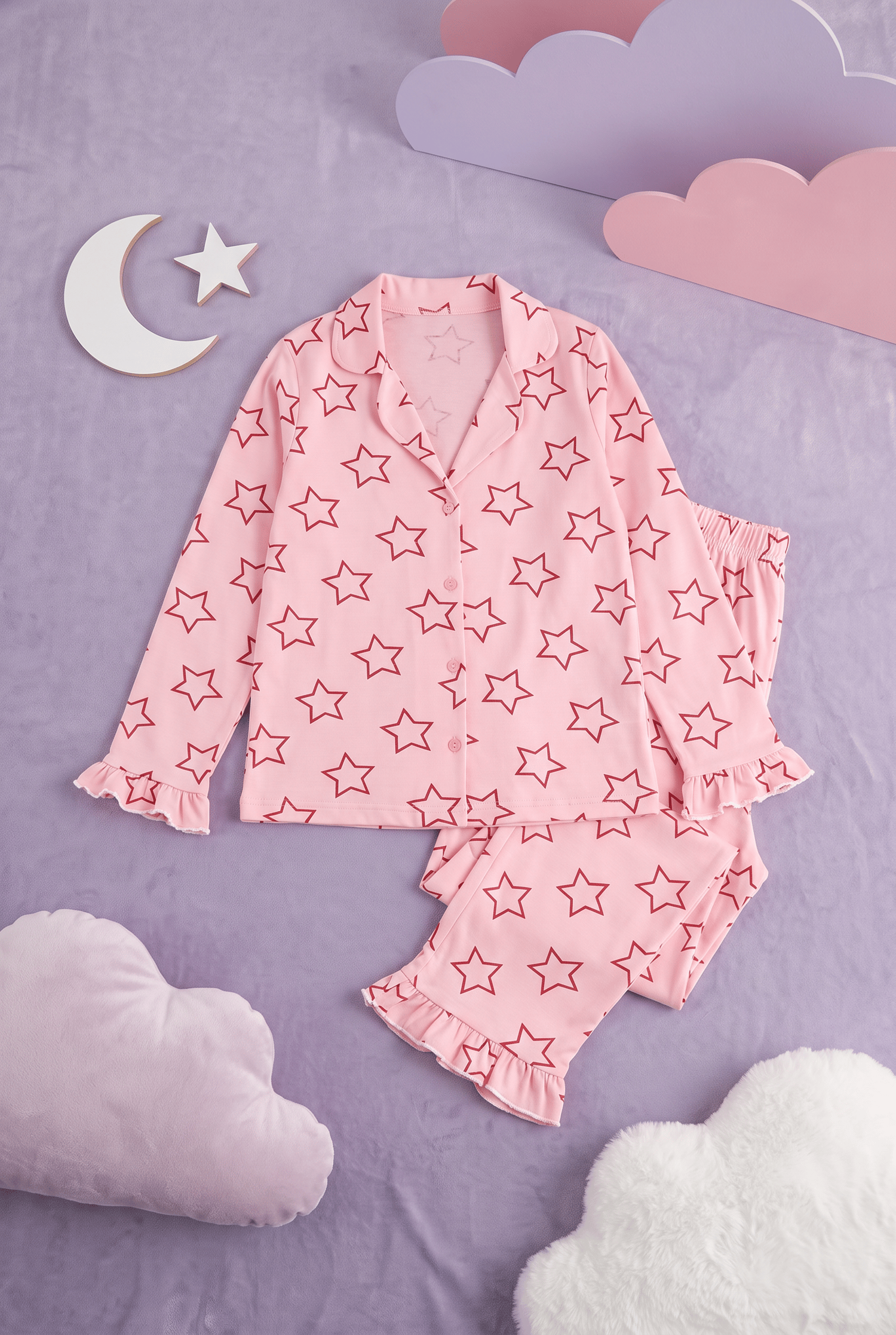Kız Çocuk Pijama Takımı Yıldız Baskılı Düğmeli Gömlek Yaka Yumuşak Dokulu 2 İplik Kumaş