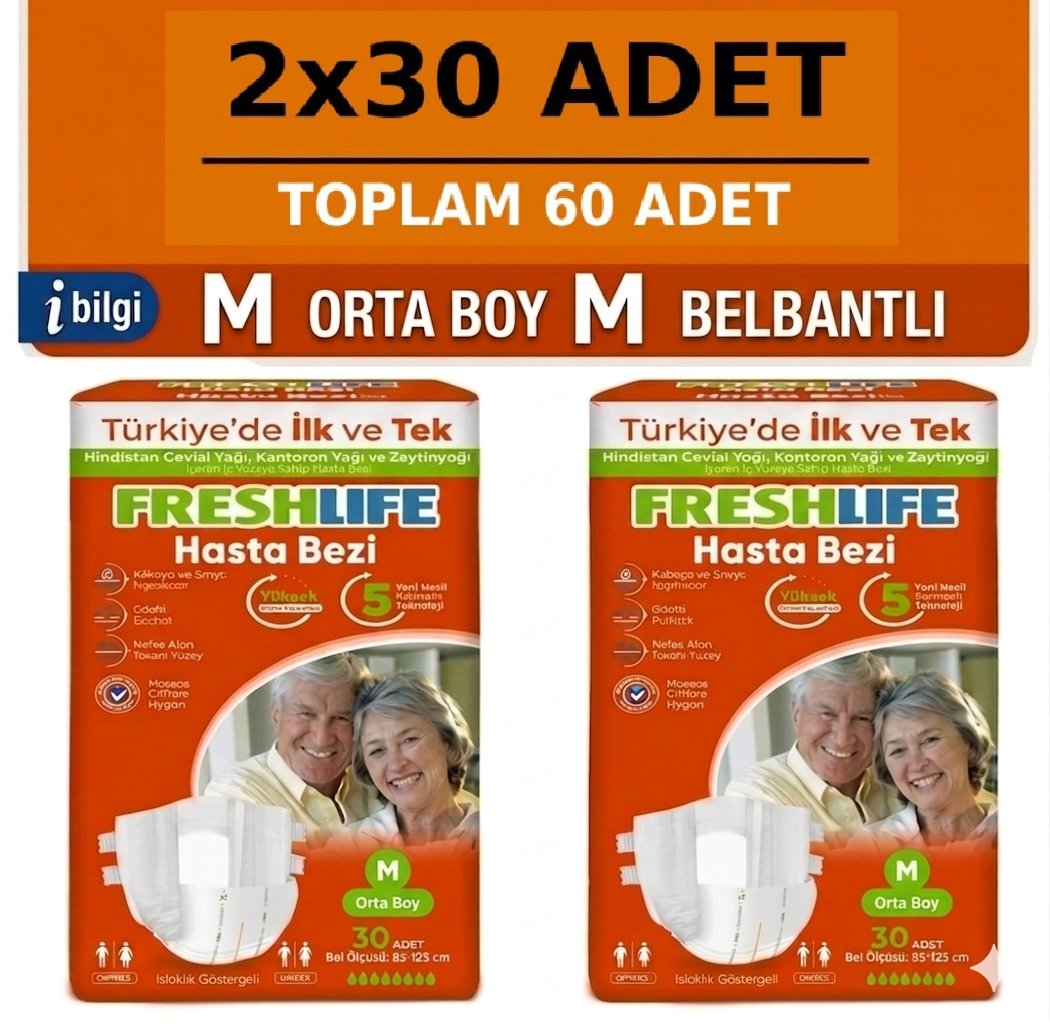 Freshlife Belbantlı Medium Orta Boy Hasta Bezi 60 Adet 2x30 Paket M