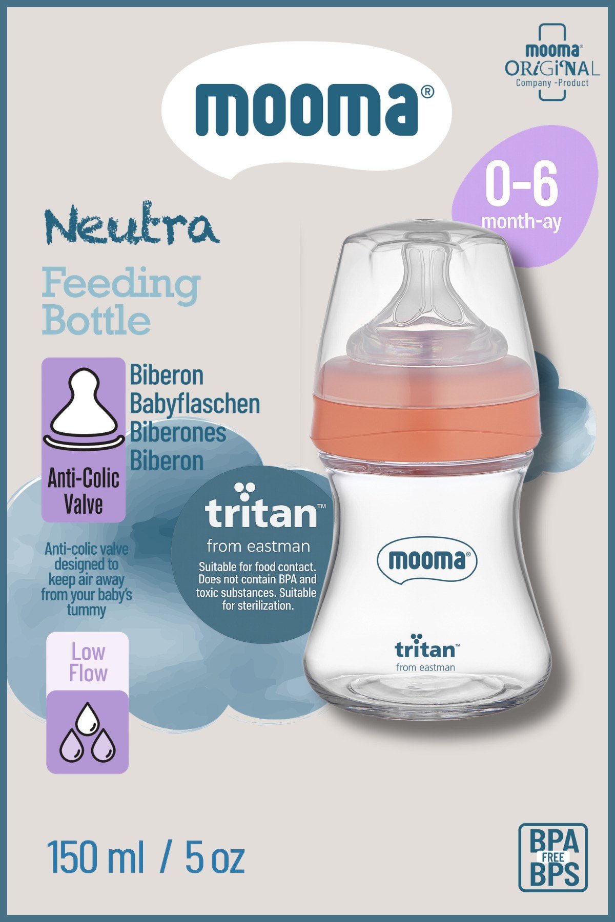 Neutra Doğal Tepkili Antikolik Tritan Biberon 150 ml 0-6 Ay (Yavaş Akış) - Mercan