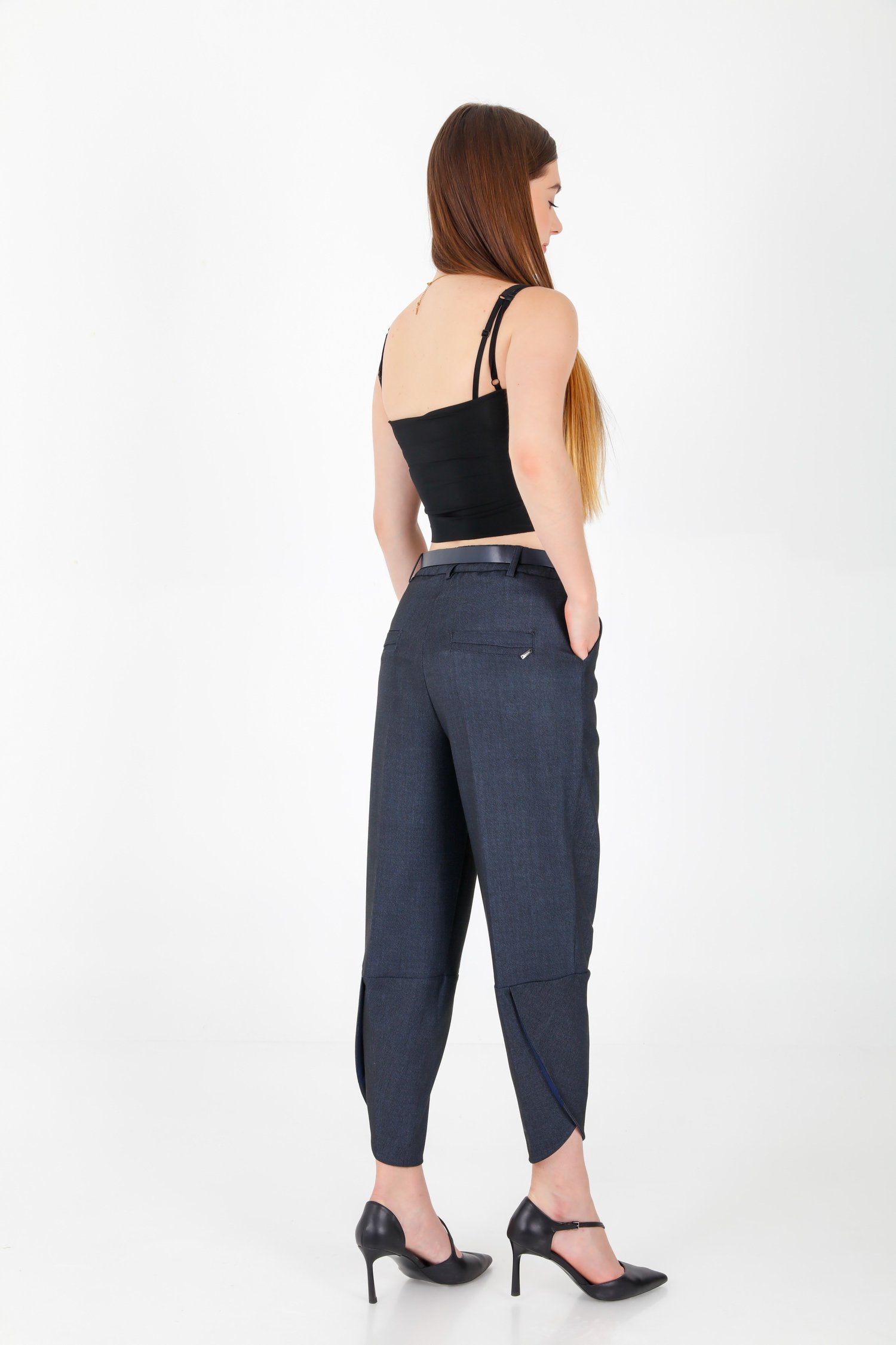 Aksesuarlı Paça Detaylı Denim Görünüm Kumaş Pantolon Lacivert