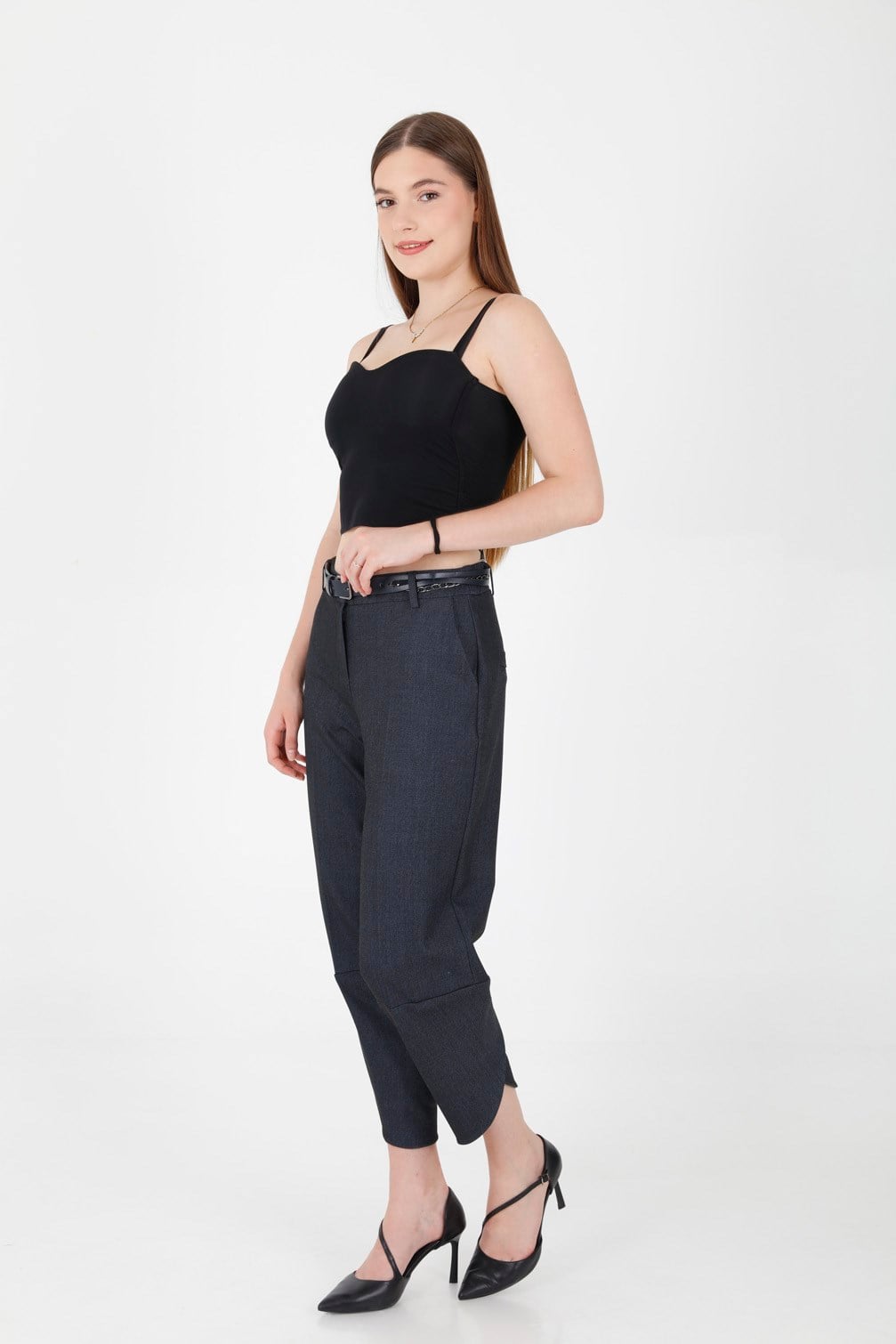 Aksesuarlı Paça Detaylı Denim Görünüm Kumaş Pantolon Lacivert