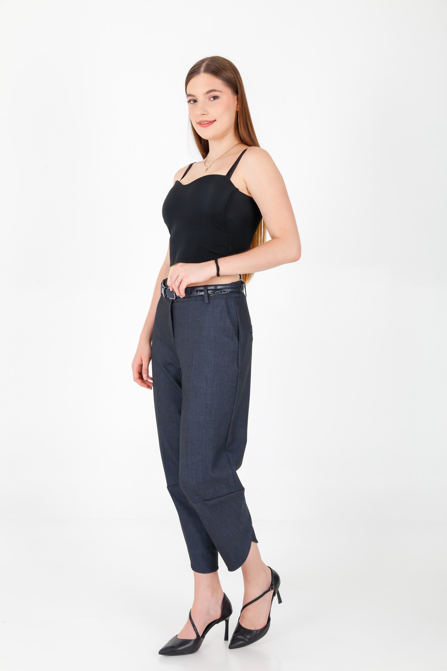 Aksesuarlı Paça Detaylı Denim Görünüm Kumaş Pantolon Lacivert