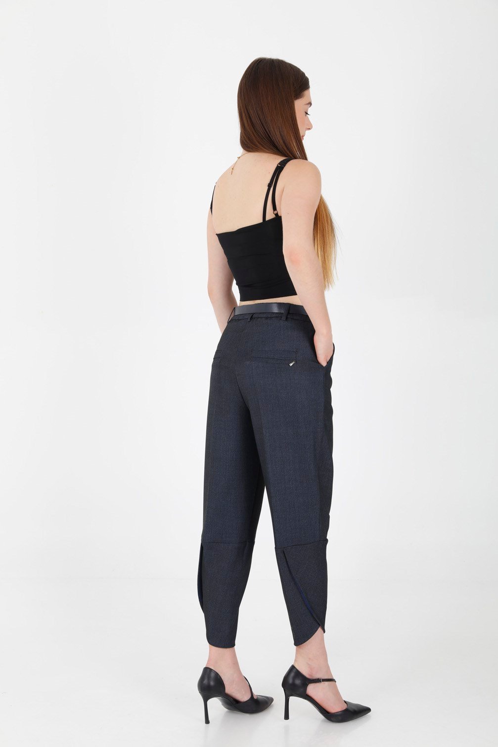 Aksesuarlı Paça Detaylı Denim Görünüm Kumaş Pantolon Lacivert