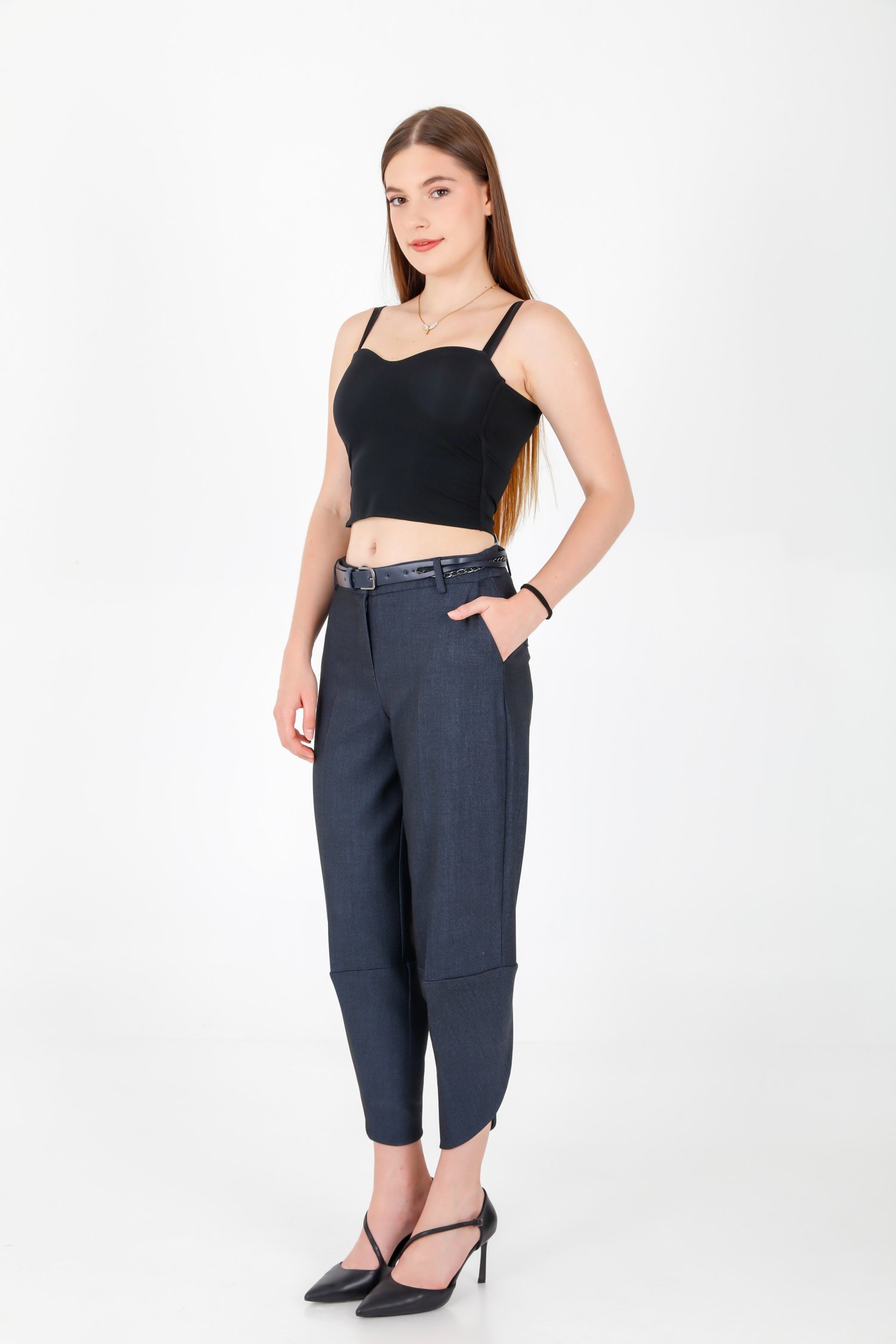 Aksesuarlı Paça Detaylı Denim Görünüm Kumaş Pantolon Lacivert