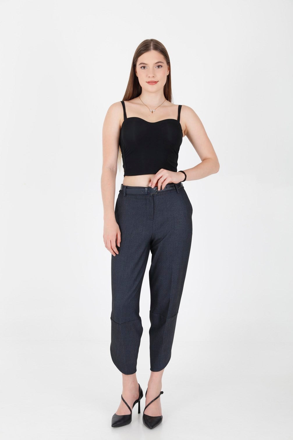 Aksesuarlı Paça Detaylı Denim Görünüm Kumaş Pantolon Lacivert
