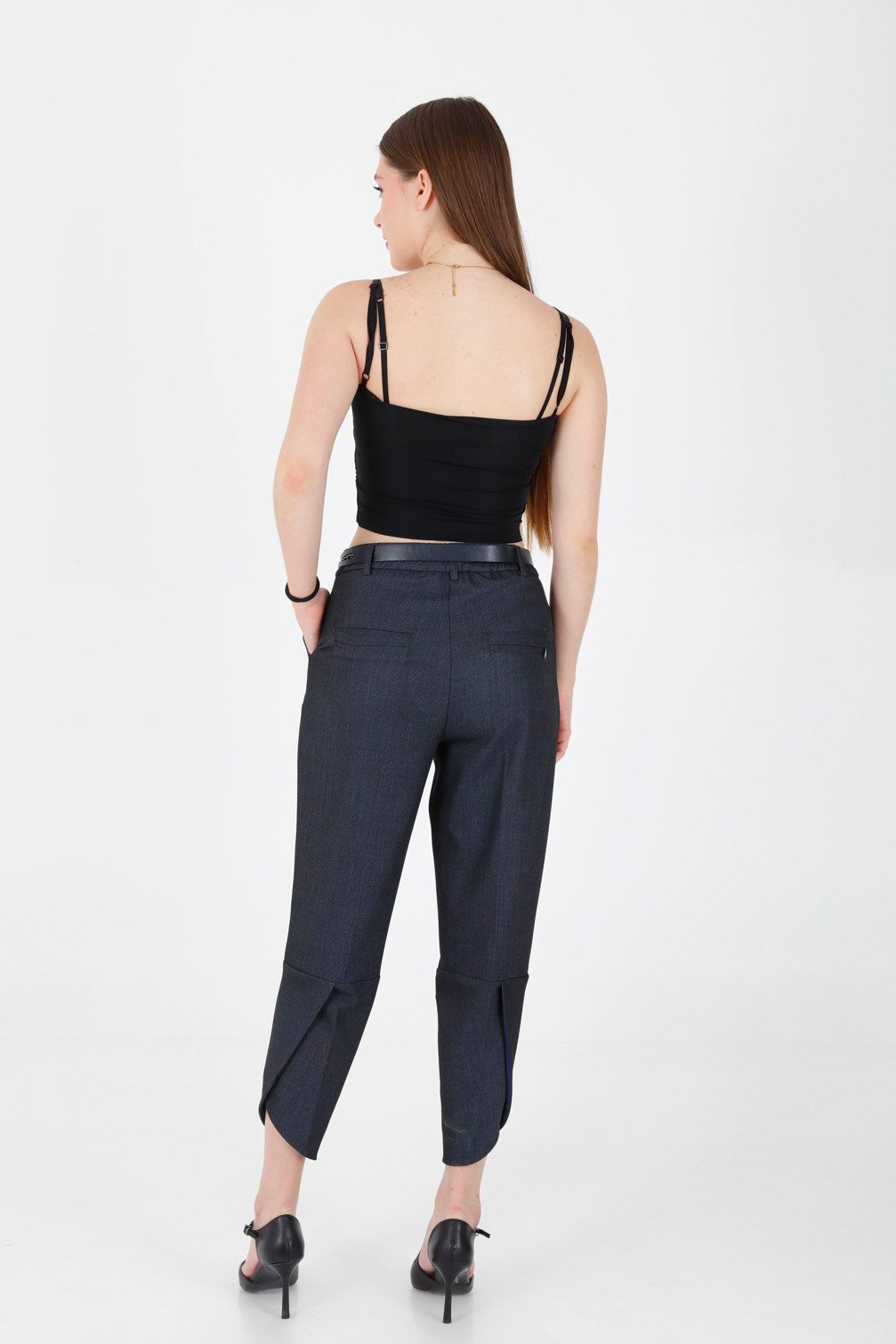 Aksesuarlı Paça Detaylı Denim Görünüm Kumaş Pantolon Lacivert