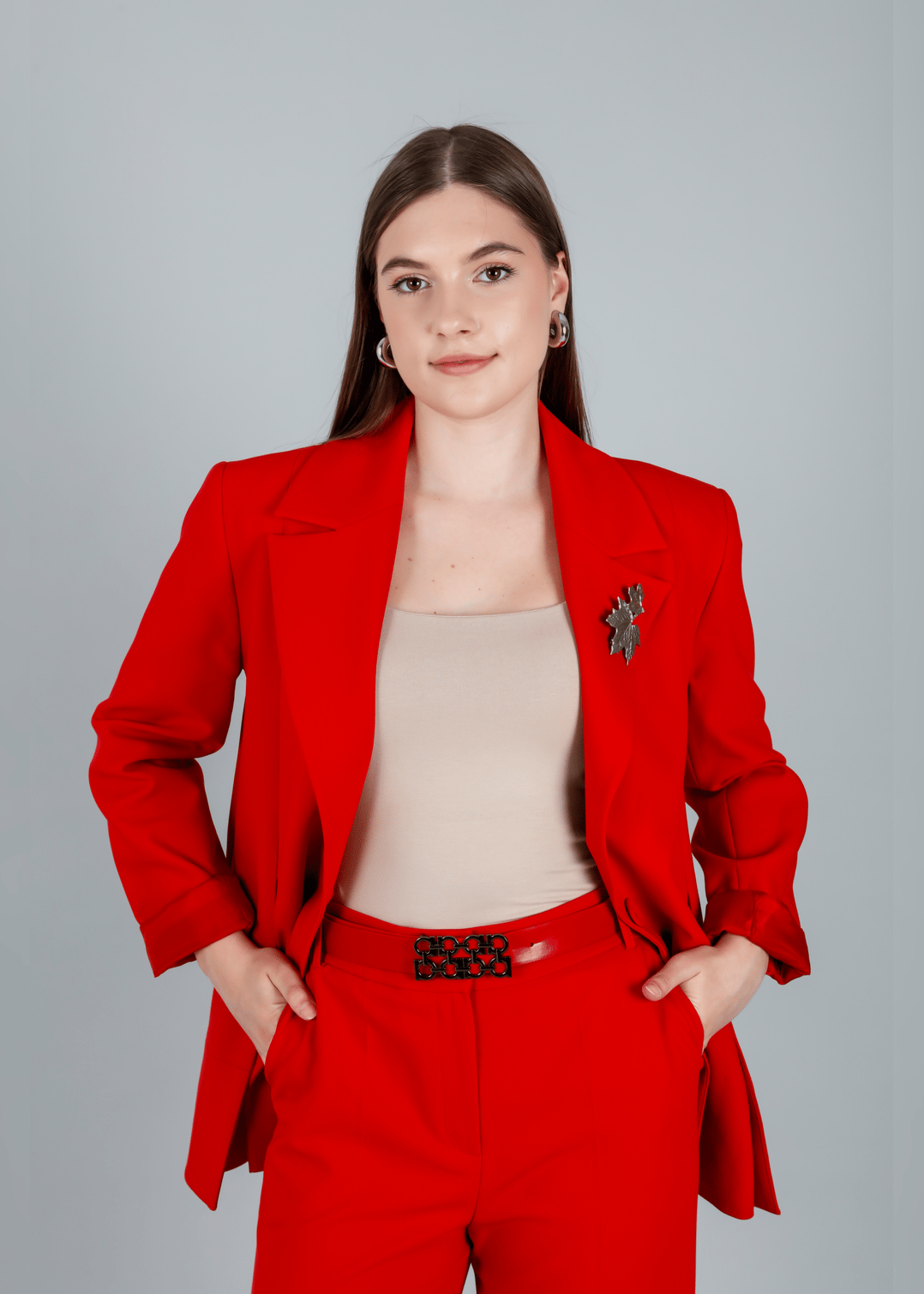 Astarlı Blazer Ceket ve Kemerli Bol Paça Pantolon Takım Kırmızı