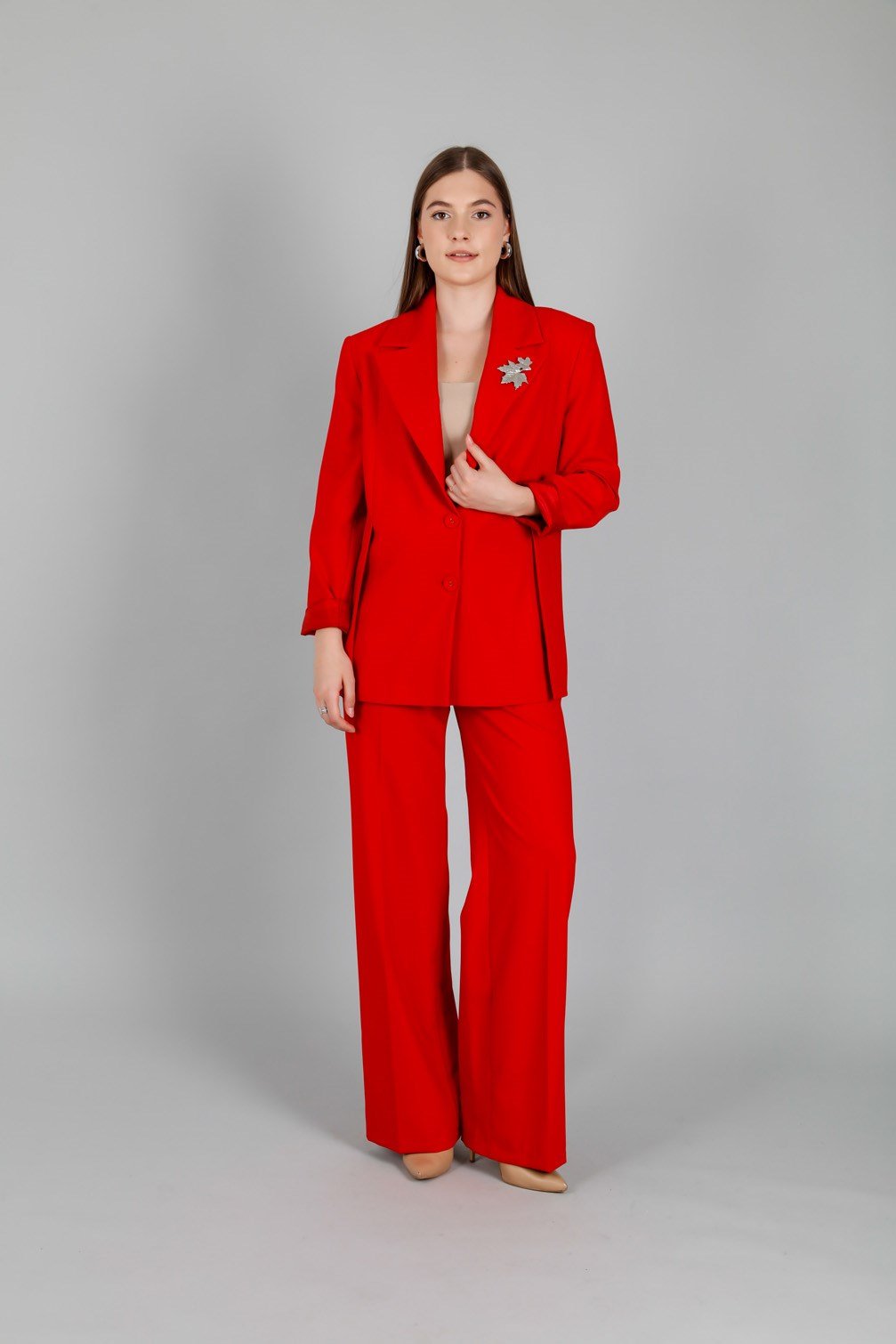 Astarlı Blazer Ceket ve Kemerli Bol Paça Pantolon Takım Kırmızı