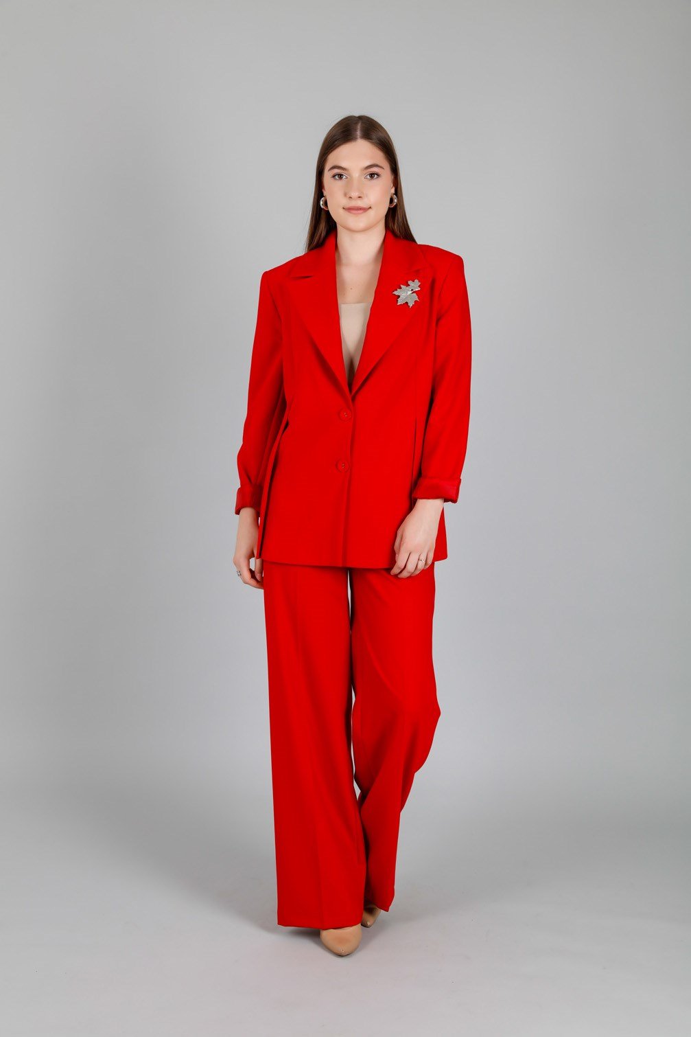 Astarlı Blazer Ceket ve Kemerli Bol Paça Pantolon Takım Kırmızı