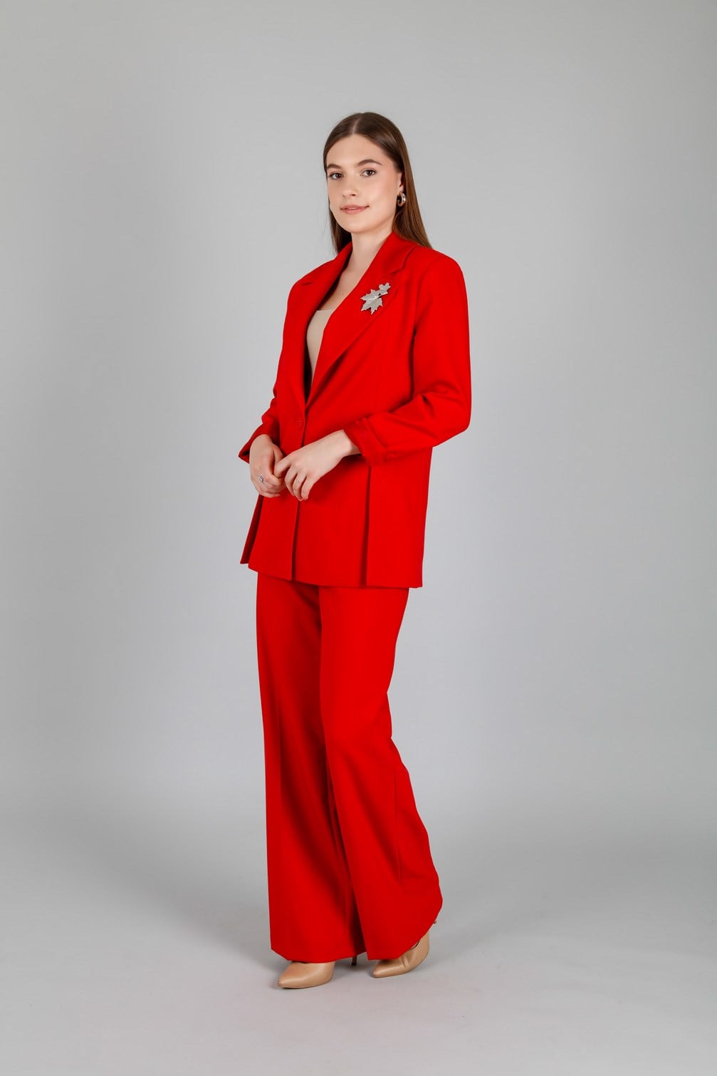Astarlı Blazer Ceket ve Kemerli Bol Paça Pantolon Takım Kırmızı