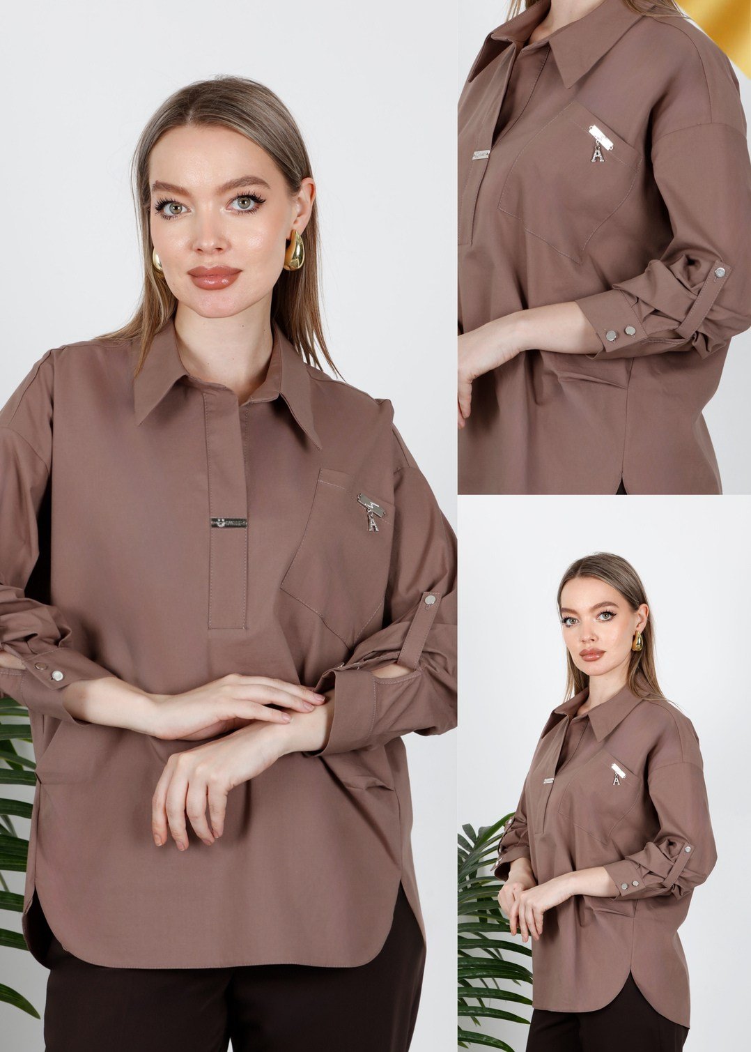Ayarlanabilir Uzun Kollu Cepli Toptan Oversize Kadın Gömlek Vizon