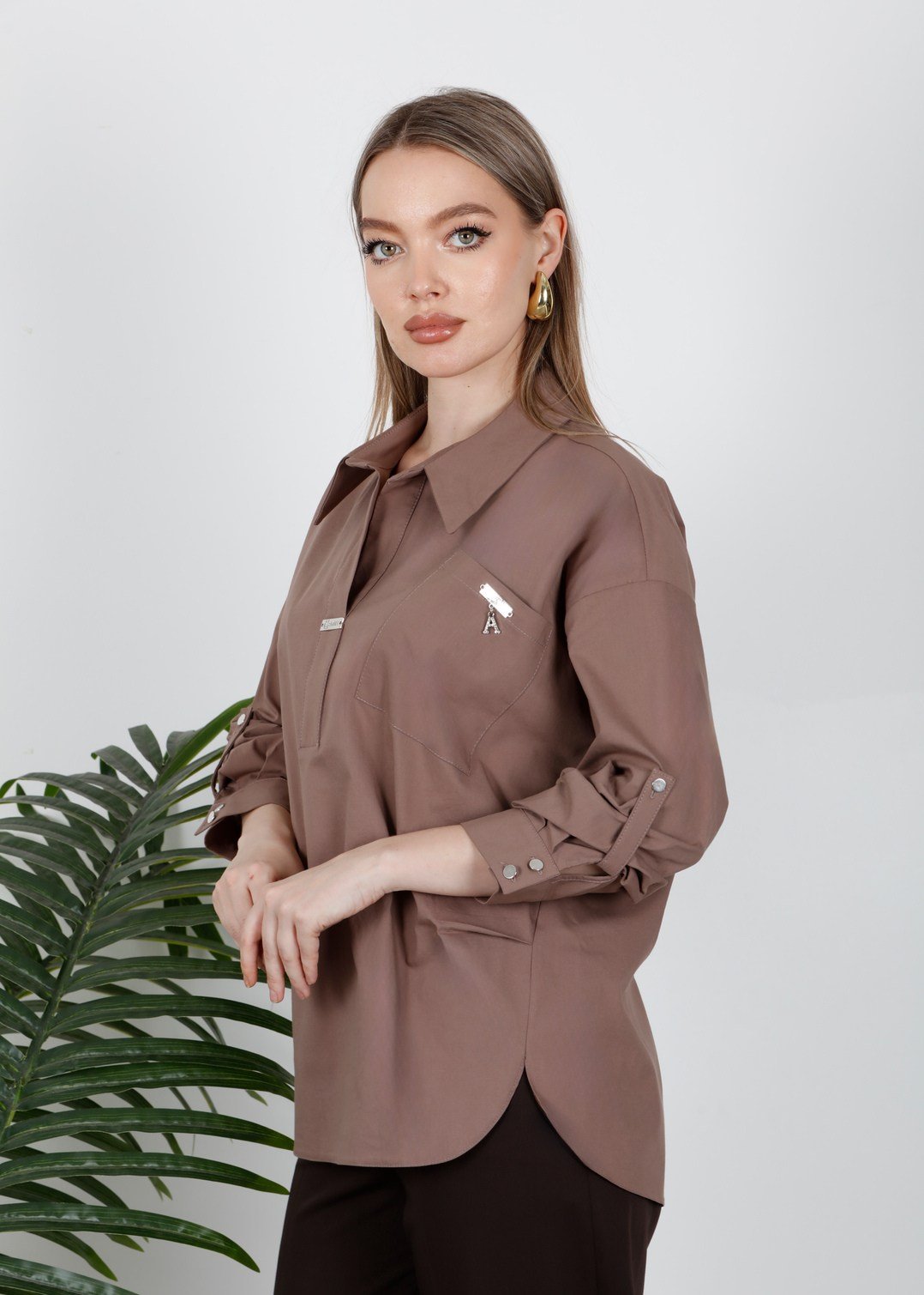 Ayarlanabilir Uzun Kollu Cepli Toptan Oversize Kadın Gömlek Vizon
