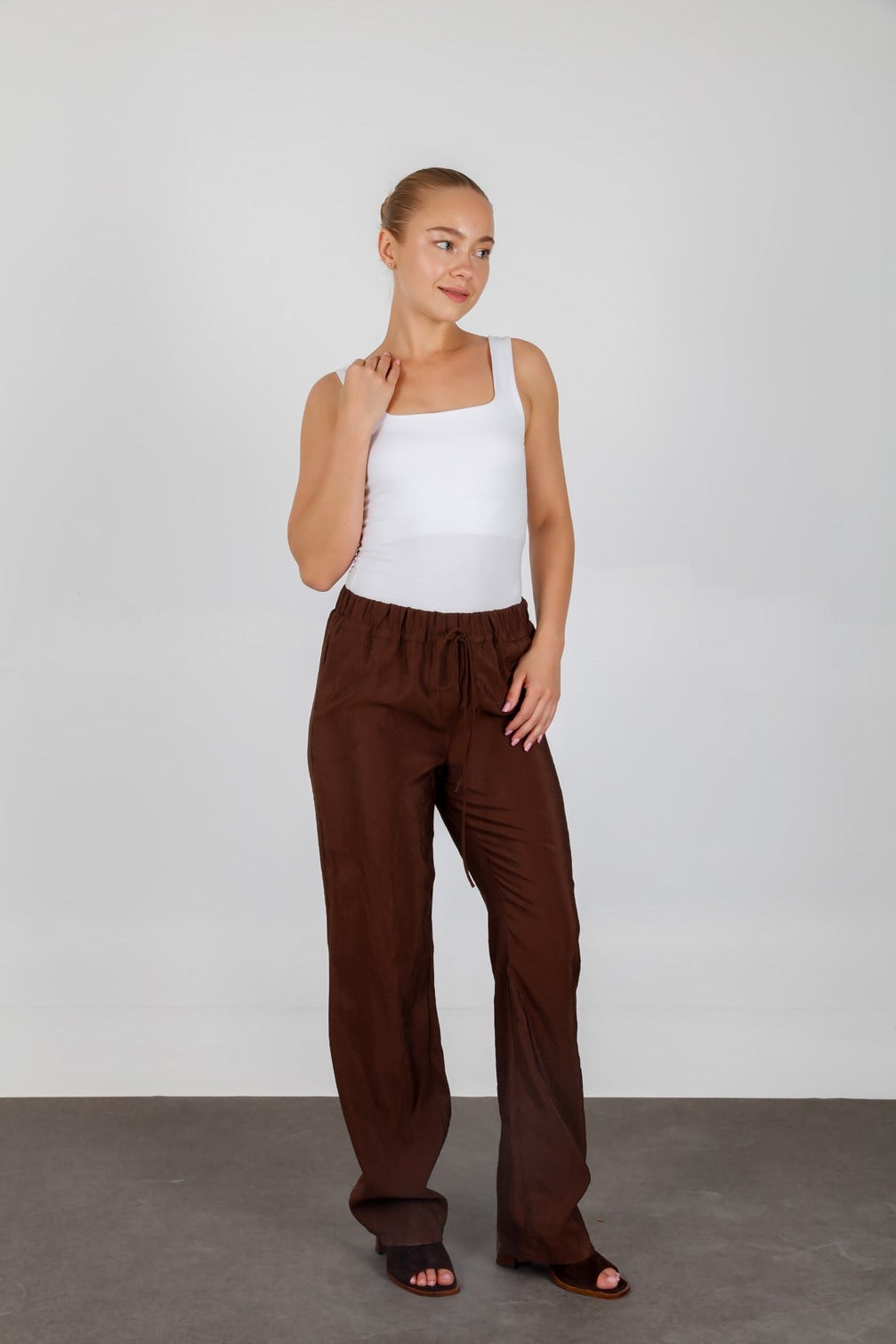 Brown Textured Summer Loose Pants with Elastic Drawstring Waist