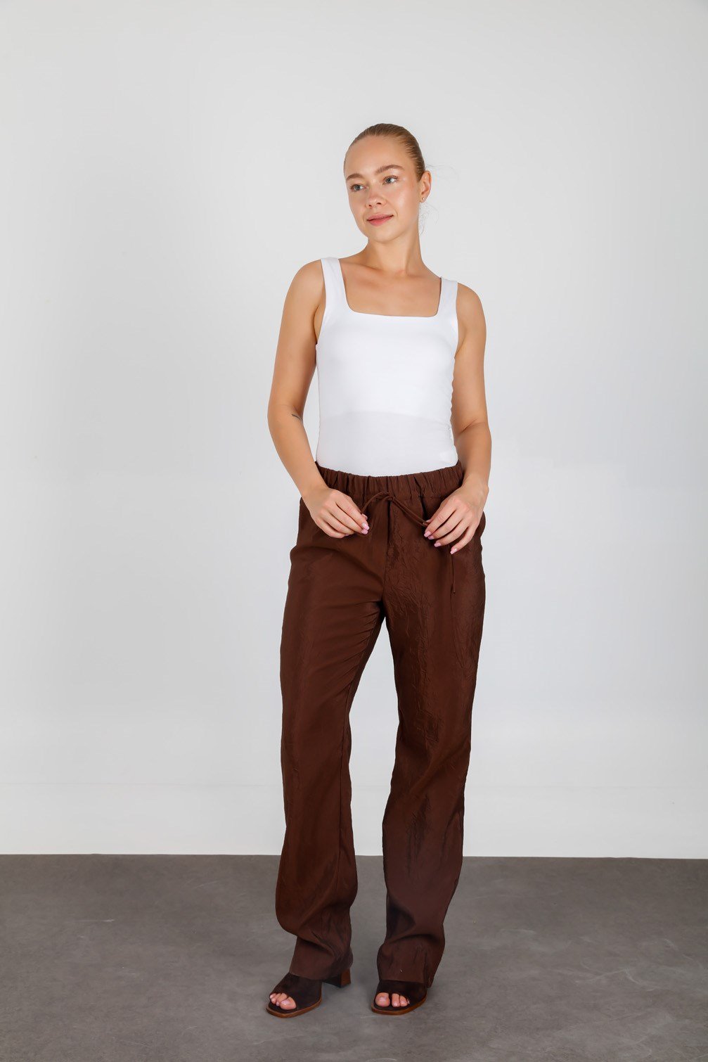 Brown Textured Summer Loose Pants with Elastic Drawstring Waist
