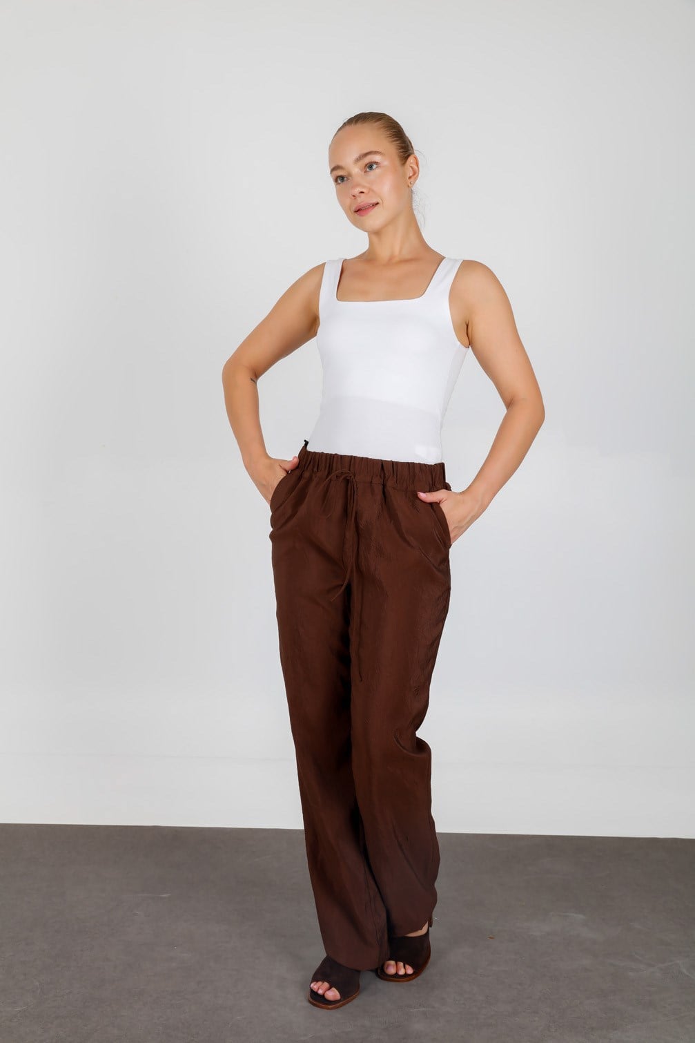 Brown Textured Summer Loose Pants with Elastic Drawstring Waist