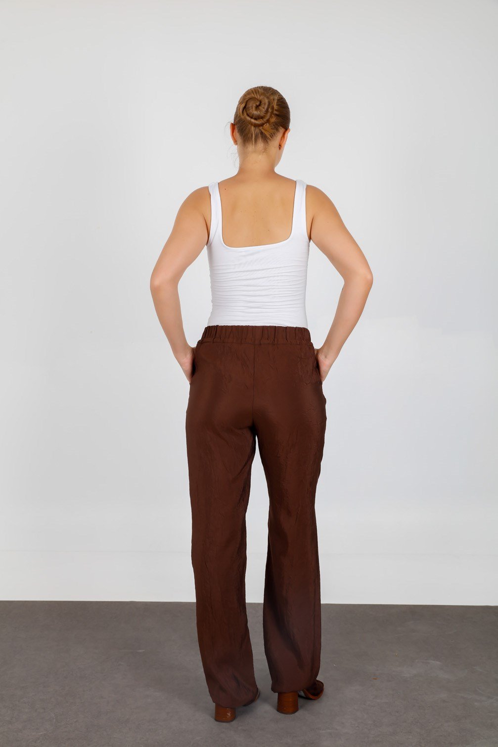 Brown Textured Summer Loose Pants with Elastic Drawstring Waist