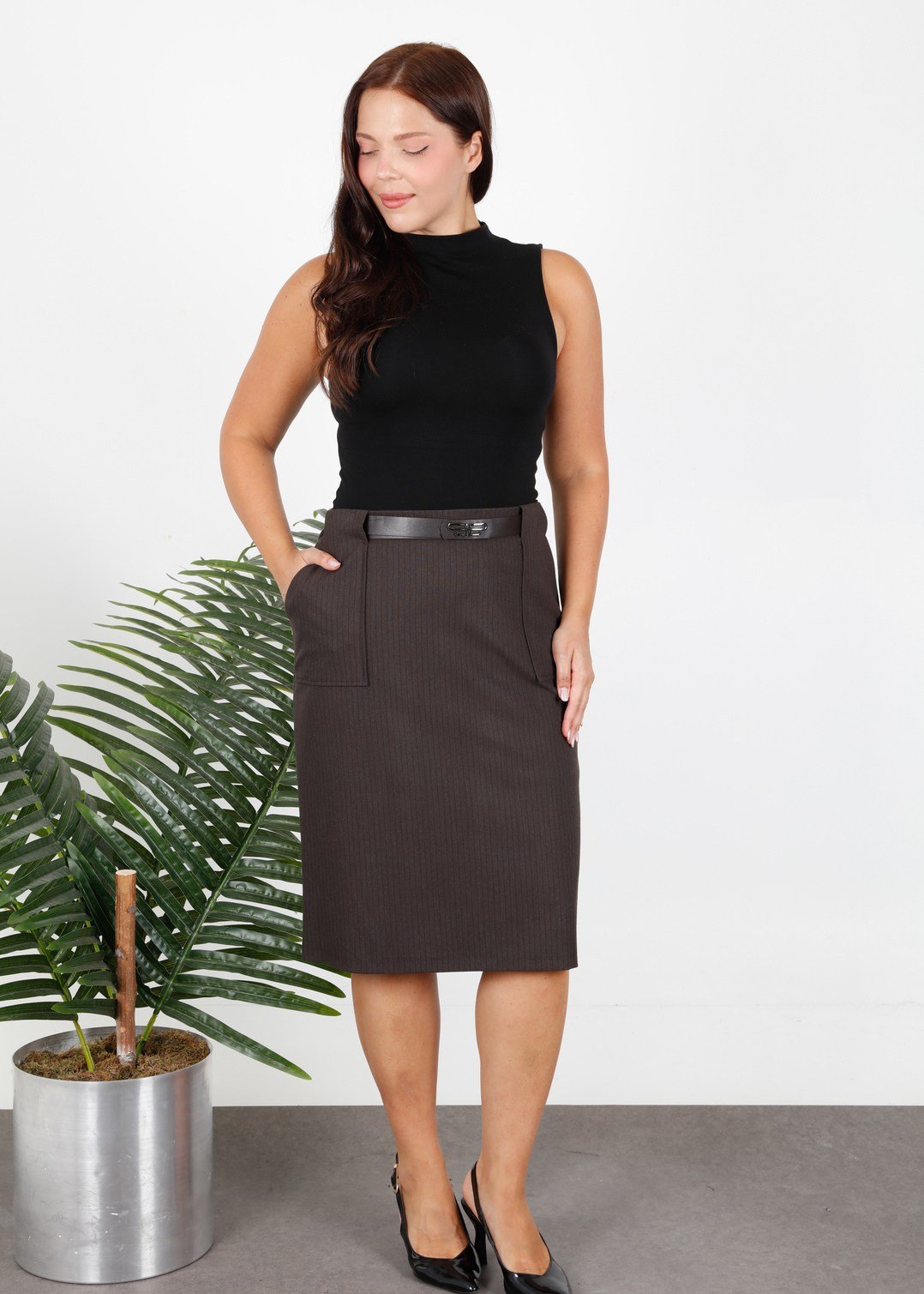 Belted Pocket Detail Plus Size Winter Midi Pencil Skirt Brown