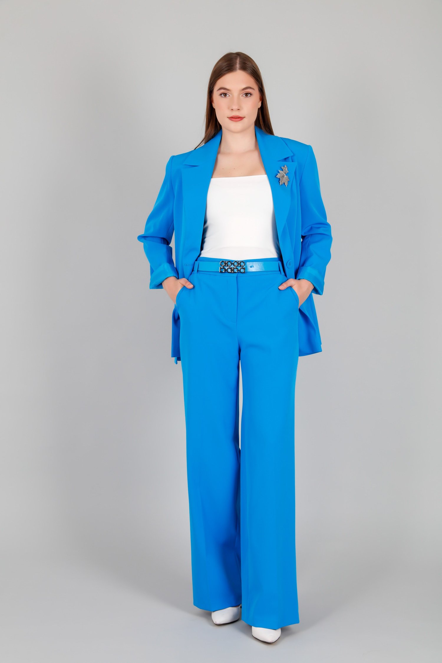 Çift Düğmeli Astarlı Blazer Ceket ve Pantolon Kadin Takım Mavi