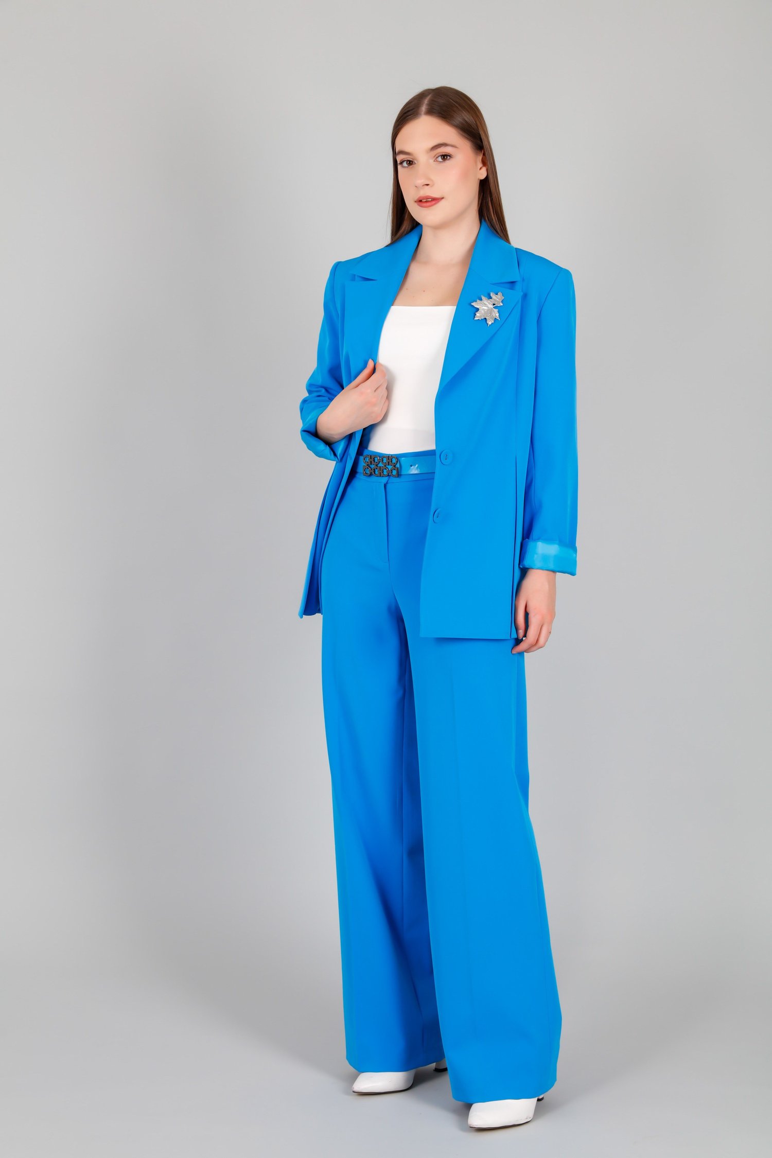 Çift Düğmeli Astarlı Blazer Ceket ve Pantolon Kadin Takım Mavi