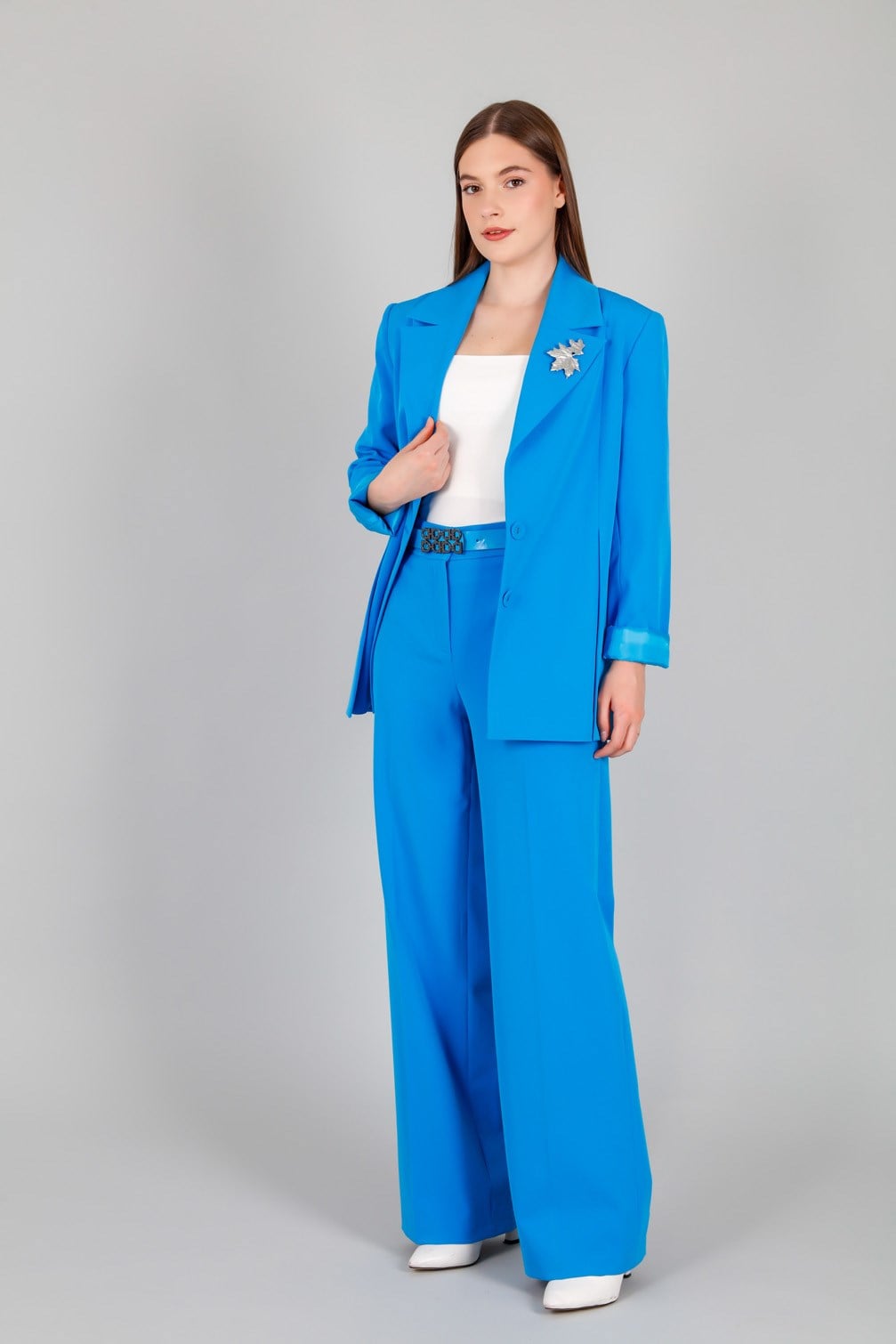 Çift Düğmeli Astarlı Blazer Ceket ve Pantolon Kadin Takım Mavi