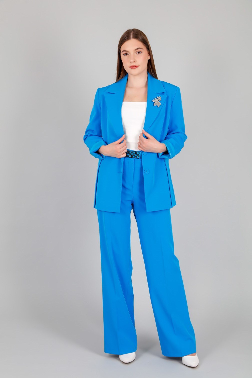 Çift Düğmeli Astarlı Blazer Ceket ve Pantolon Kadin Takım Mavi