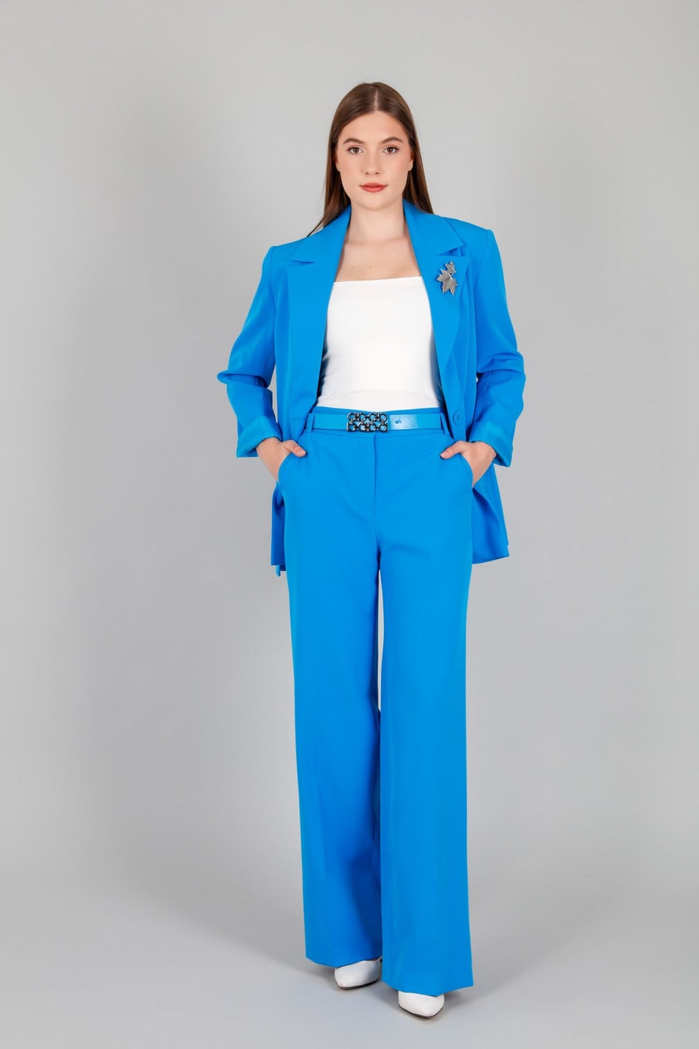 Çift Düğmeli Astarlı Blazer Ceket ve Pantolon Kadin Takım Mavi
