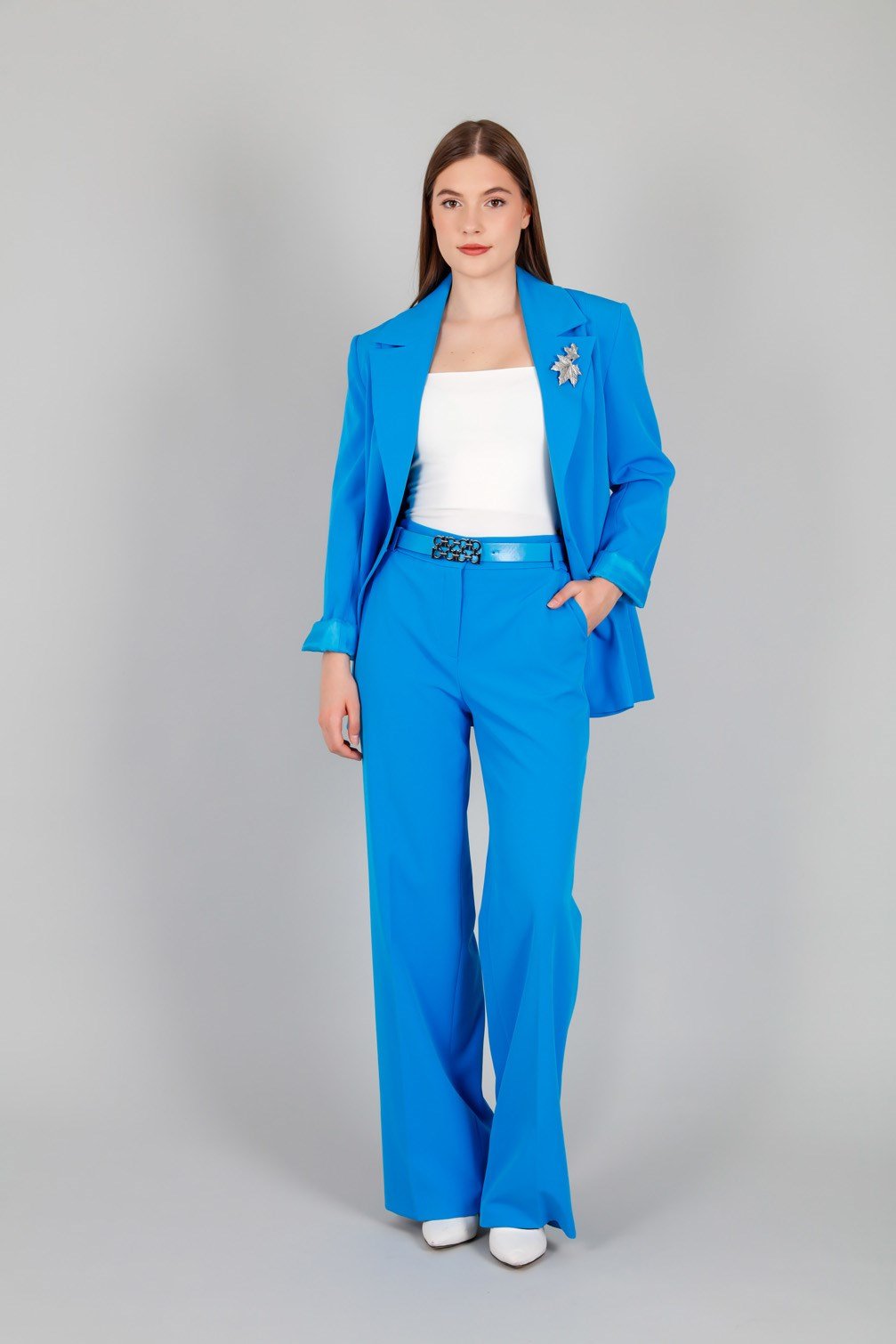 Çift Düğmeli Astarlı Blazer Ceket ve Pantolon Kadin Takım Mavi