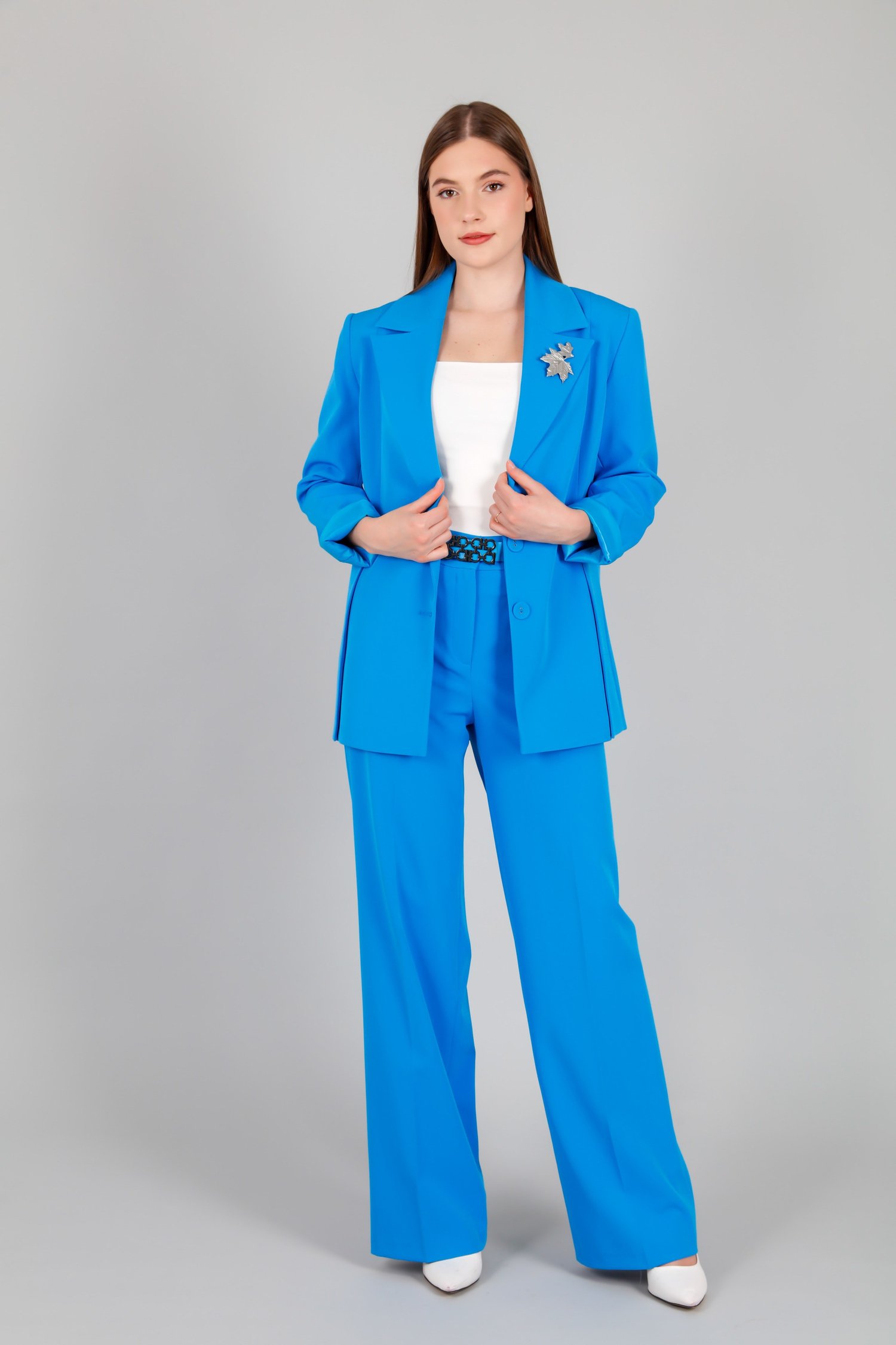 Çift Düğmeli Astarlı Blazer Ceket ve Pantolon Kadin Takım Mavi