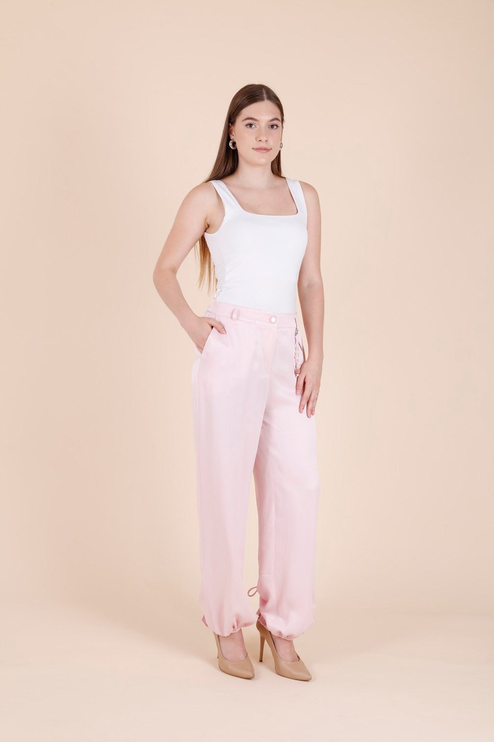 Dökümlü Kumaş Bağcıklı Şalvar Paça Şık Yazlık Pantolon Pembe